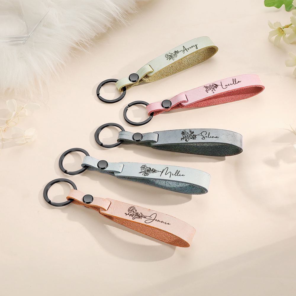 Porte-Clés en Cuir 1 prénom Personnalisé avec Fleur de Naissance | Jessemade