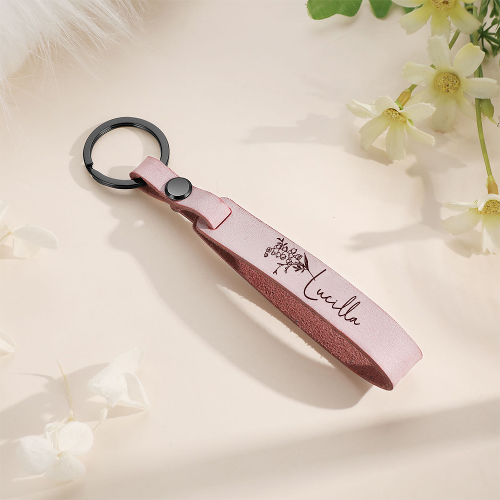 Porte-Clés en Cuir 1 prénom Personnalisé avec Fleur de Naissance | Jessemade