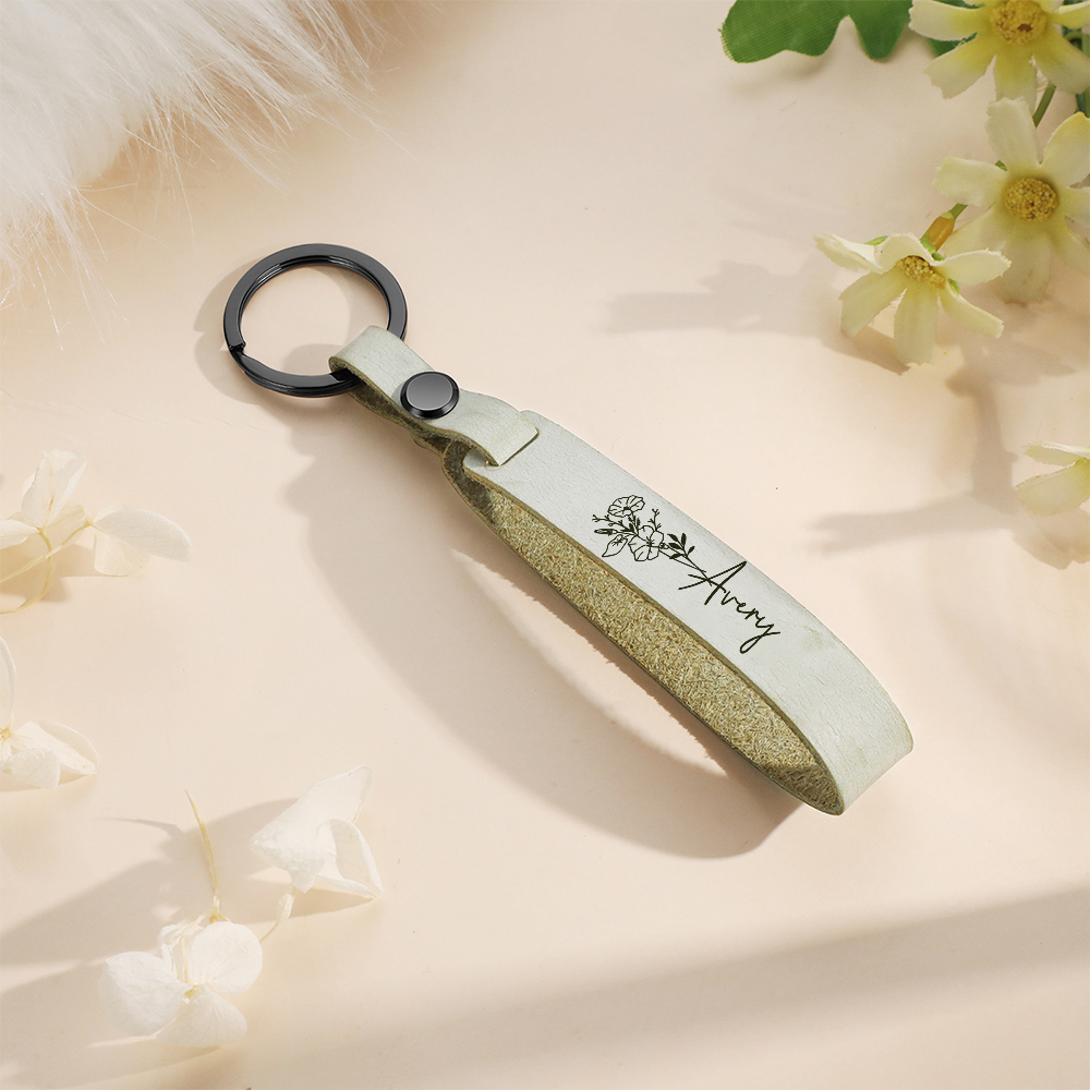 Porte-Clés en Cuir 1 prénom Personnalisé avec Fleur de Naissance | Jessemade