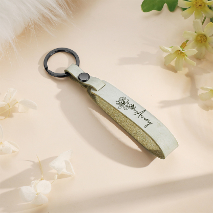Porte-Clés en Cuir 1 prénom Personnalisé avec Fleur de Naissance | Jessemade