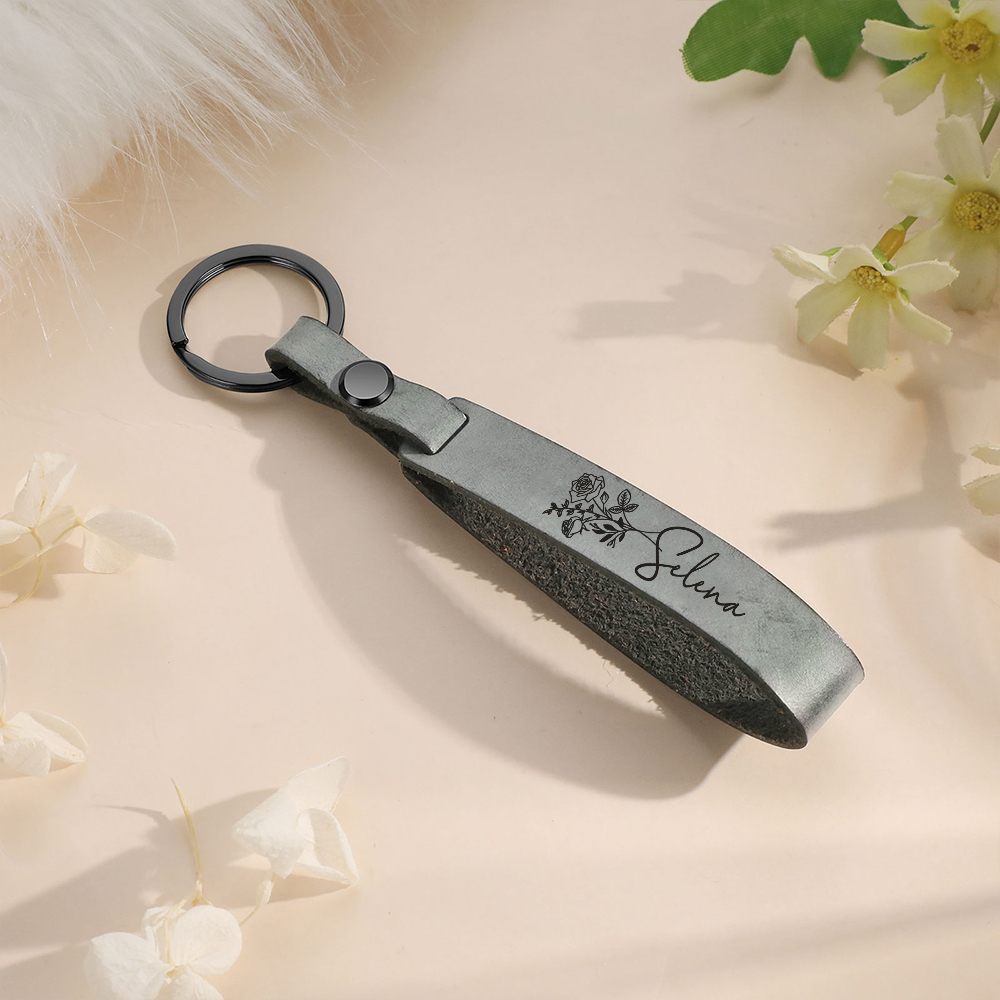 Porte-Clés en Cuir 1 prénom Personnalisé avec Fleur de Naissance | Jessemade