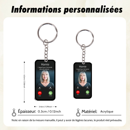 Porte-Clés/Ornements Acrylique Style Appel Téléphonique 1 Prénom Personnalisé avec texte et photo Cadeau pour mamie ou papi | Jessemade