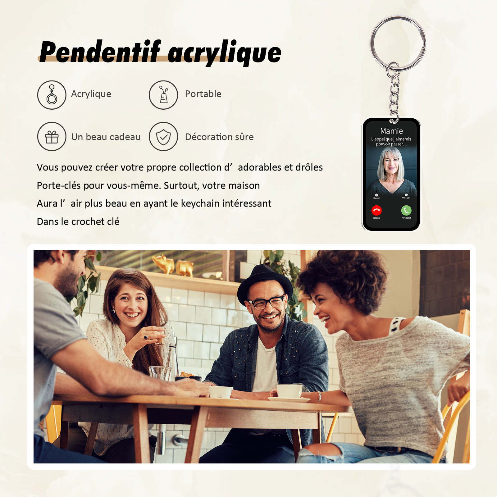 Porte-Clés/Ornements Acrylique Style Appel Téléphonique 1 Prénom Personnalisé avec texte et photo Cadeau pour mamie ou papi | Jessemade