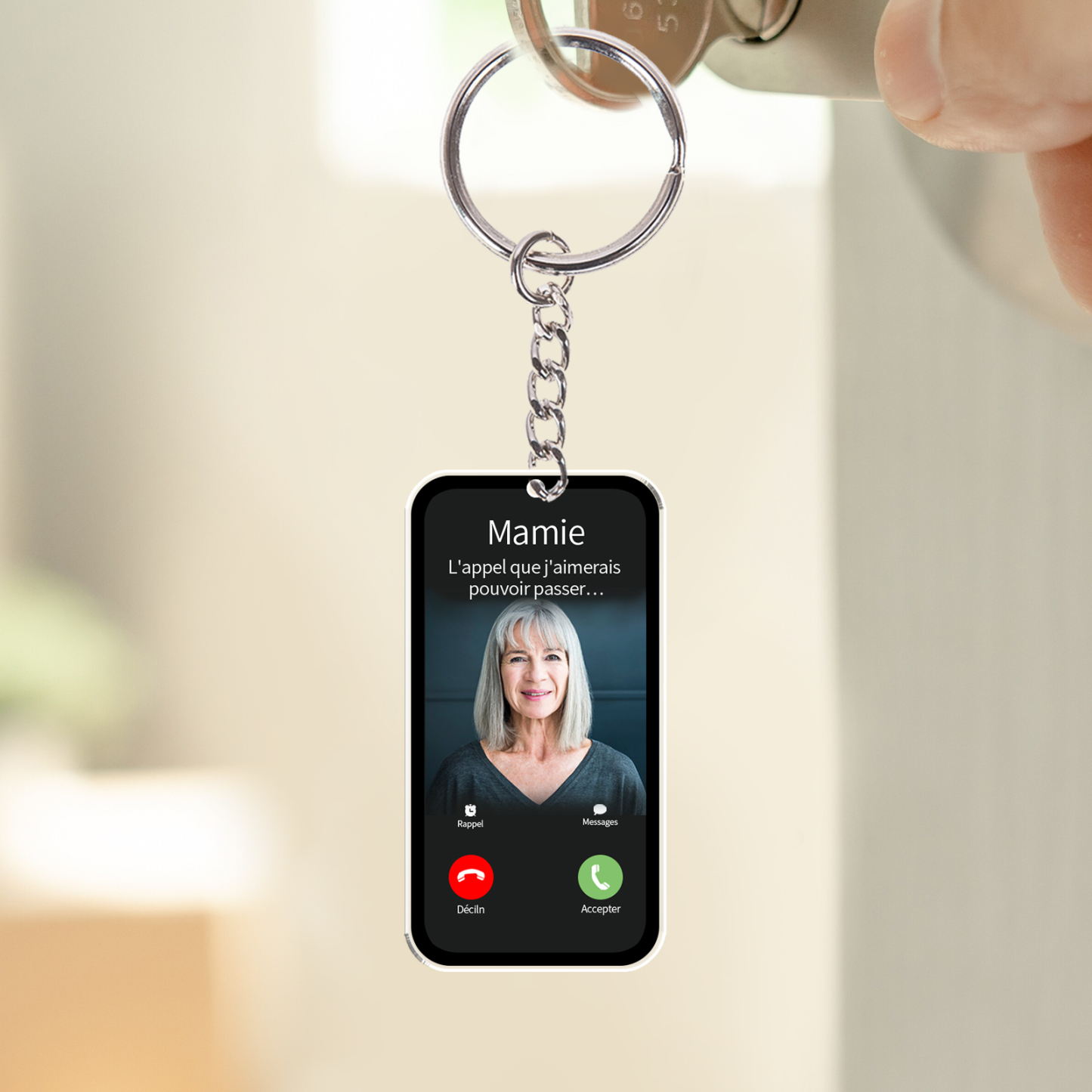 Porte-Clés/Ornements Acrylique Style Appel Téléphonique 1 Prénom Personnalisé avec texte et photo Cadeau pour mamie ou papi | Jessemade