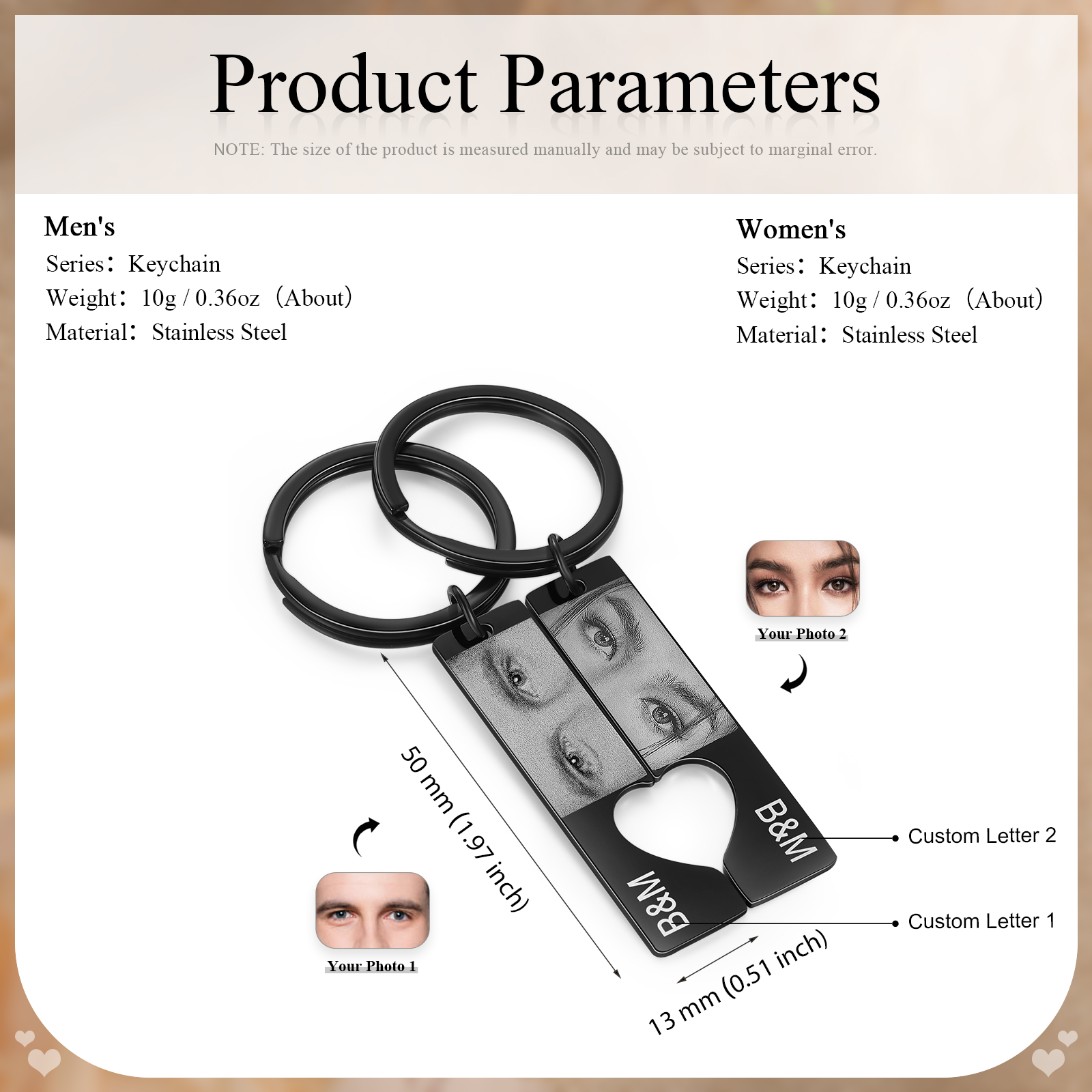 Porte-Clés Personnalisés avec 2 Photos et Lettres en noir Porte-Clés Personnalisés Pour Couple | Jessemade