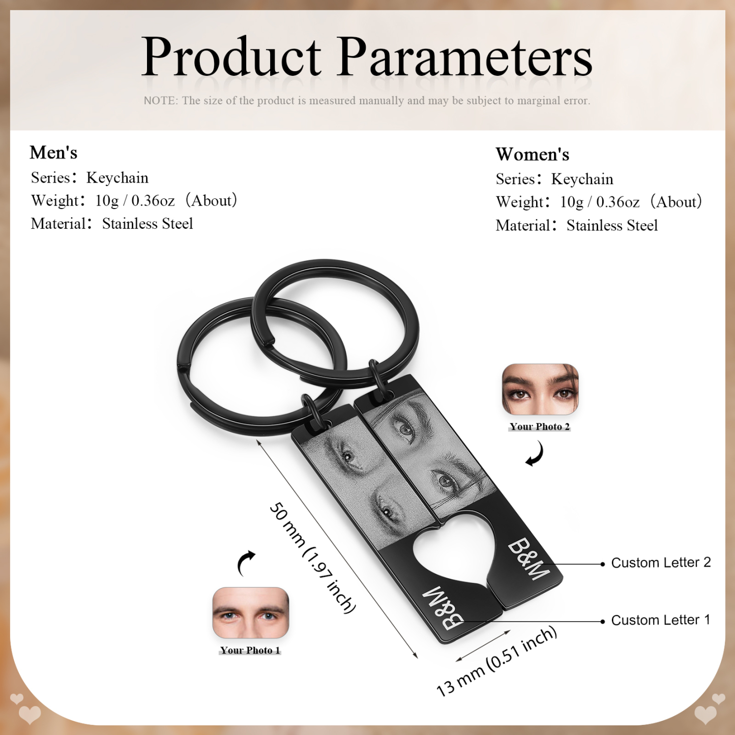 Porte-Clés Personnalisés avec 2 Photos et Lettres en noir Porte-Clés Personnalisés Pour Couple | Jessemade