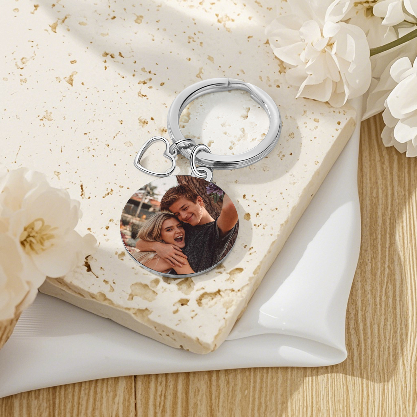Porte-Clés Personnalisé Avec Photo et Texte Romantique Pendentif en forme de cœur Cadeau pour Couple | Jessemade