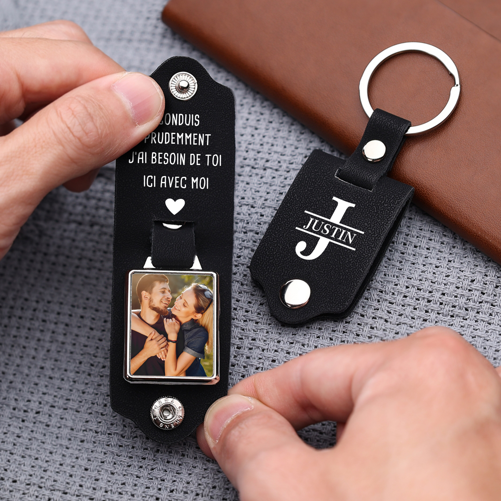Porte-clés personnalisé en cuir PU avec photo et gravure – Cadeau pratique et sentimental pour vos proches | Jessemade