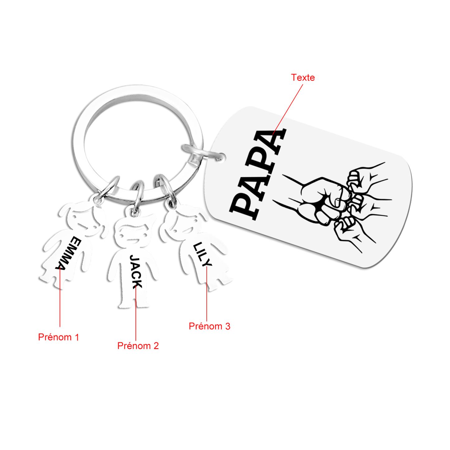 À Papa/Papi - Porte-clés Personnalisé avec 3 Prénoms et Texte Porte-Clés Personnaliables Pour Homme | Jessemade