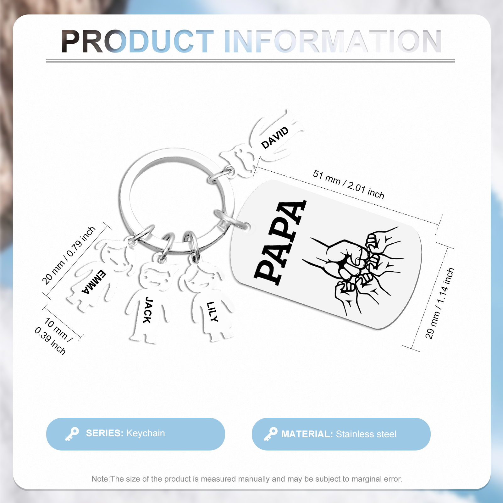 À Papa/Papi - Porte-clés Personnalisé avec 4 Prénoms et Texte Porte-Clés Personnaliables Pour Homme | Jessemade