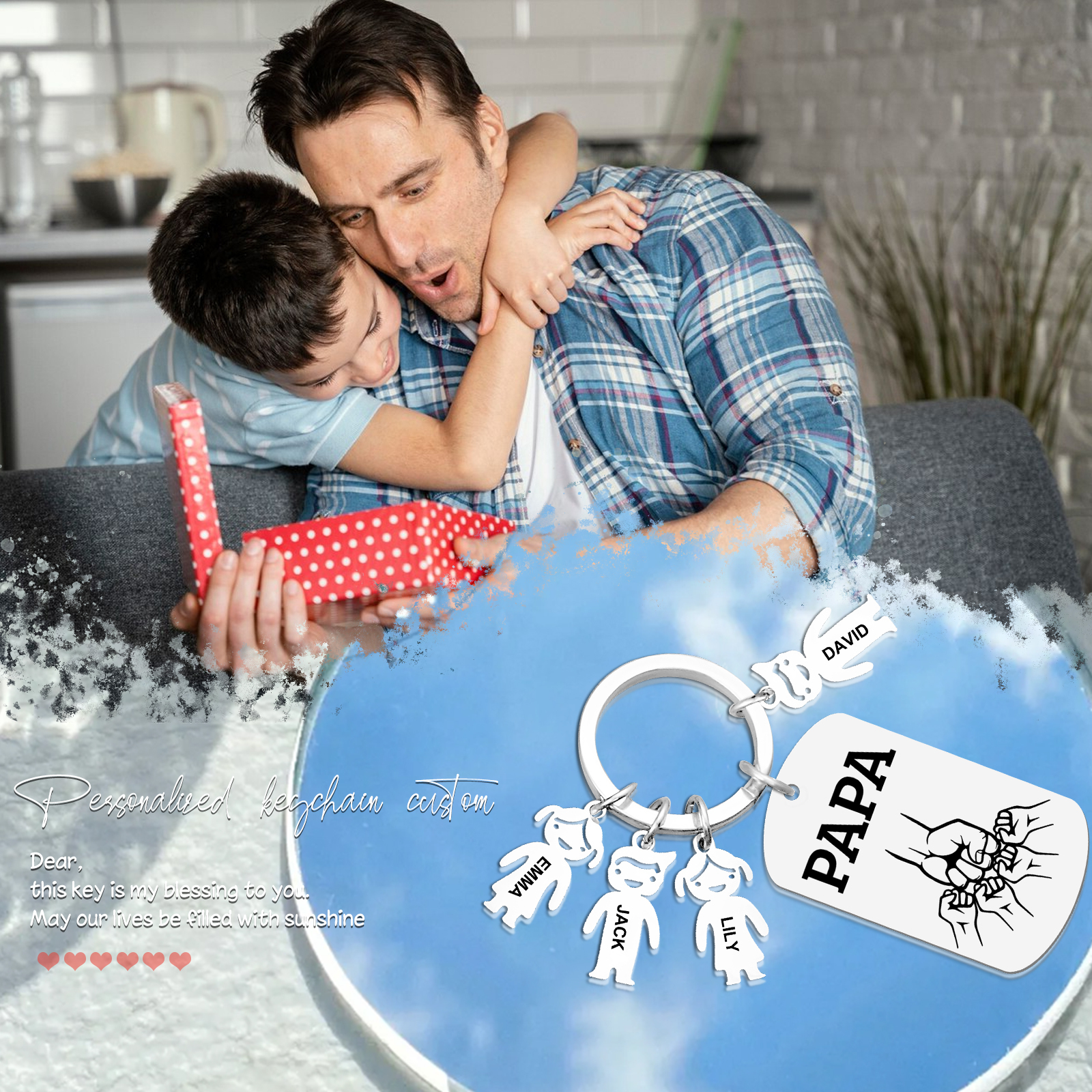 À Papa/Papi - Porte-clés Personnalisé avec 4 Prénoms et Texte Porte-Clés Personnaliables Pour Homme | Jessemade