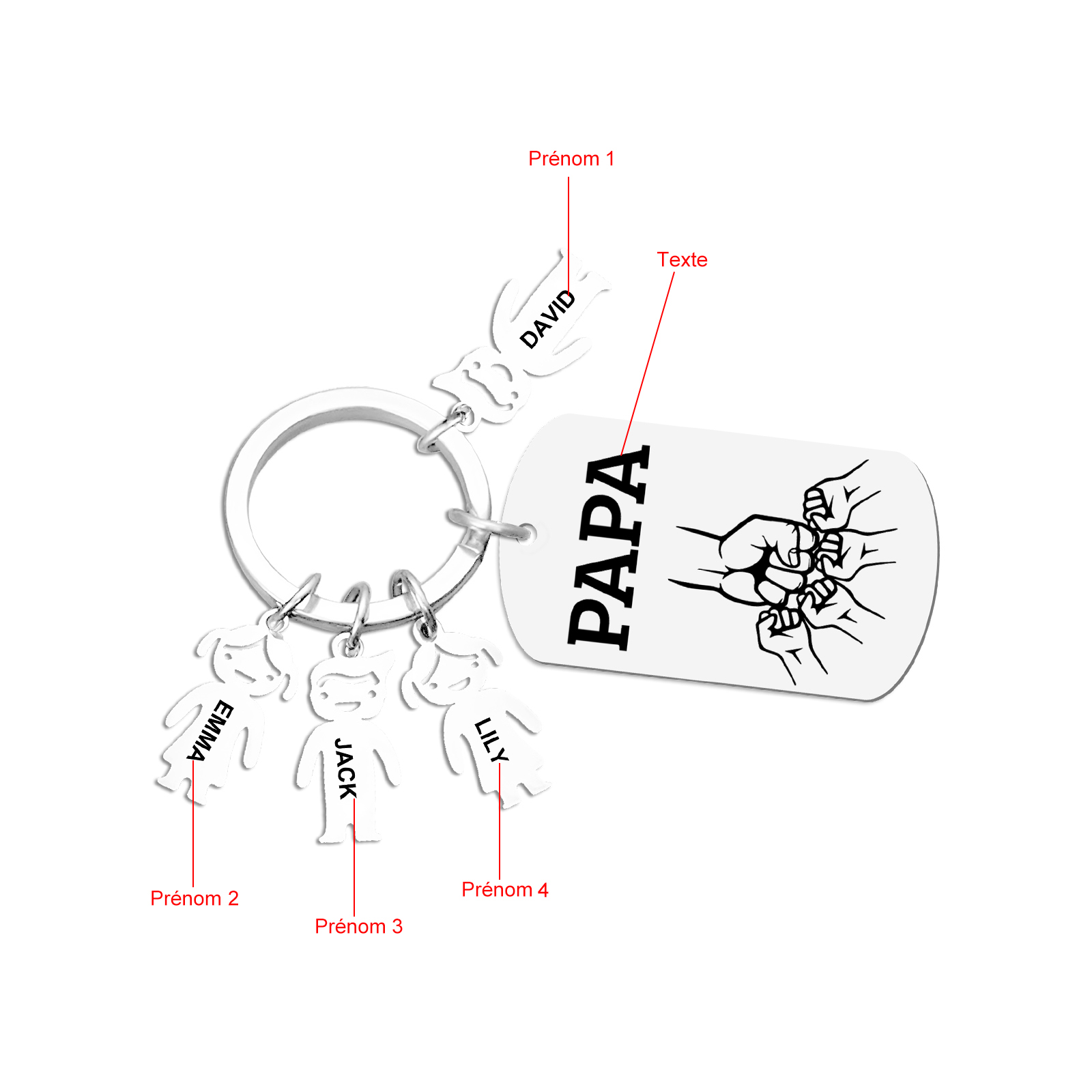 À Papa/Papi - Porte-clés Personnalisé avec 4 Prénoms et Texte Porte-Clés Personnaliables Pour Homme | Jessemade