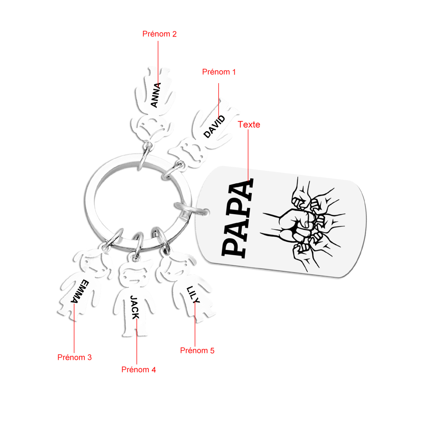 À Papa/Papi - Porte-clés Personnalisé avec 5 Prénoms et Texte Porte-Clés Personnaliables Pour Homme | Jessemade