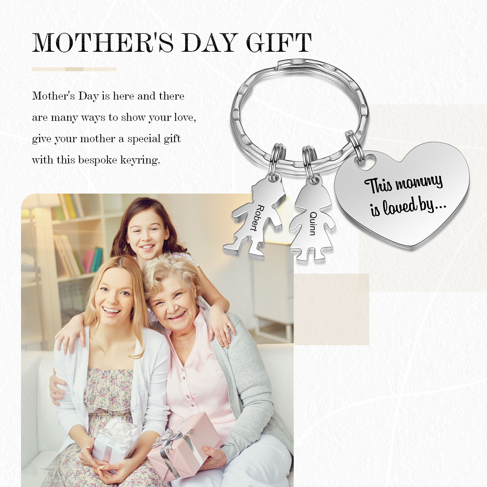 À Maman - Porte-clés 2 Prénoms et Breloques Enfant Personnalisé avec Texte Gravé sur Pendentif Coeur Cadeau Personnaliable Pour Maman | Jessemade