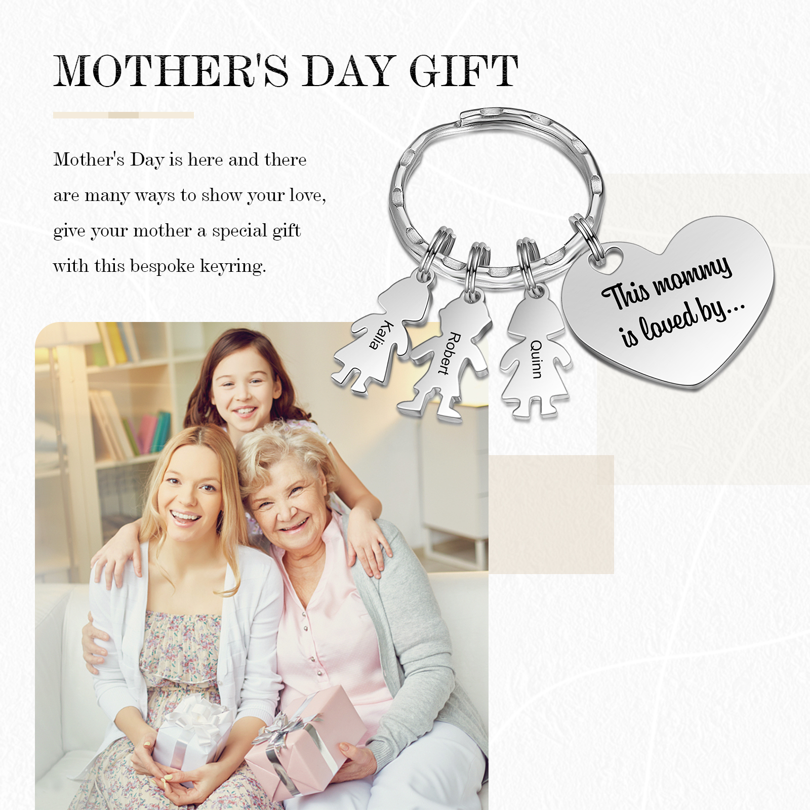 À Maman - Porte-clés 3 Prénoms et Breloques Enfant Personnalisé avec Texte Gravé sur Pendentif Coeur Cadeau Personnaliable Pour Maman | Jessemade