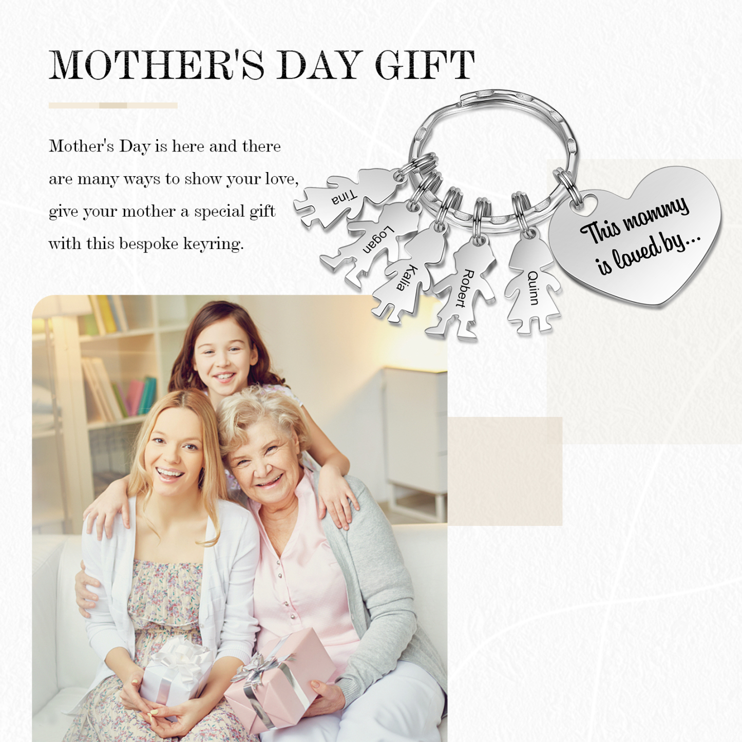 À Maman - Porte-clés 5 Prénoms et Breloques Enfant Personnalisé avec Texte Gravé sur Pendentif Coeur Cadeau Personnaliable Pour Maman | Jessemade