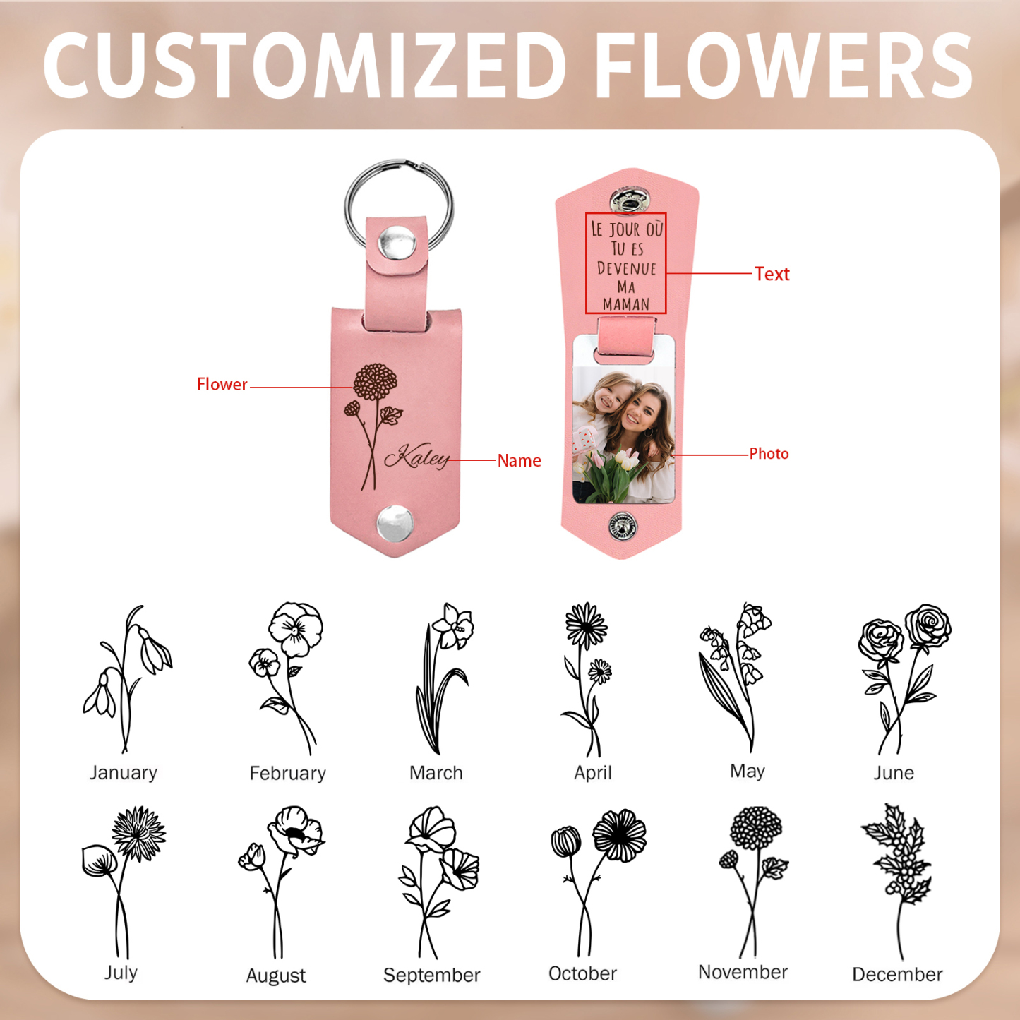 Porte-Clés commémoratif en Cuir 1 Prénom, 1 Texte et Photo Personnalisés Avec Fleur de Naissance | Jessemade