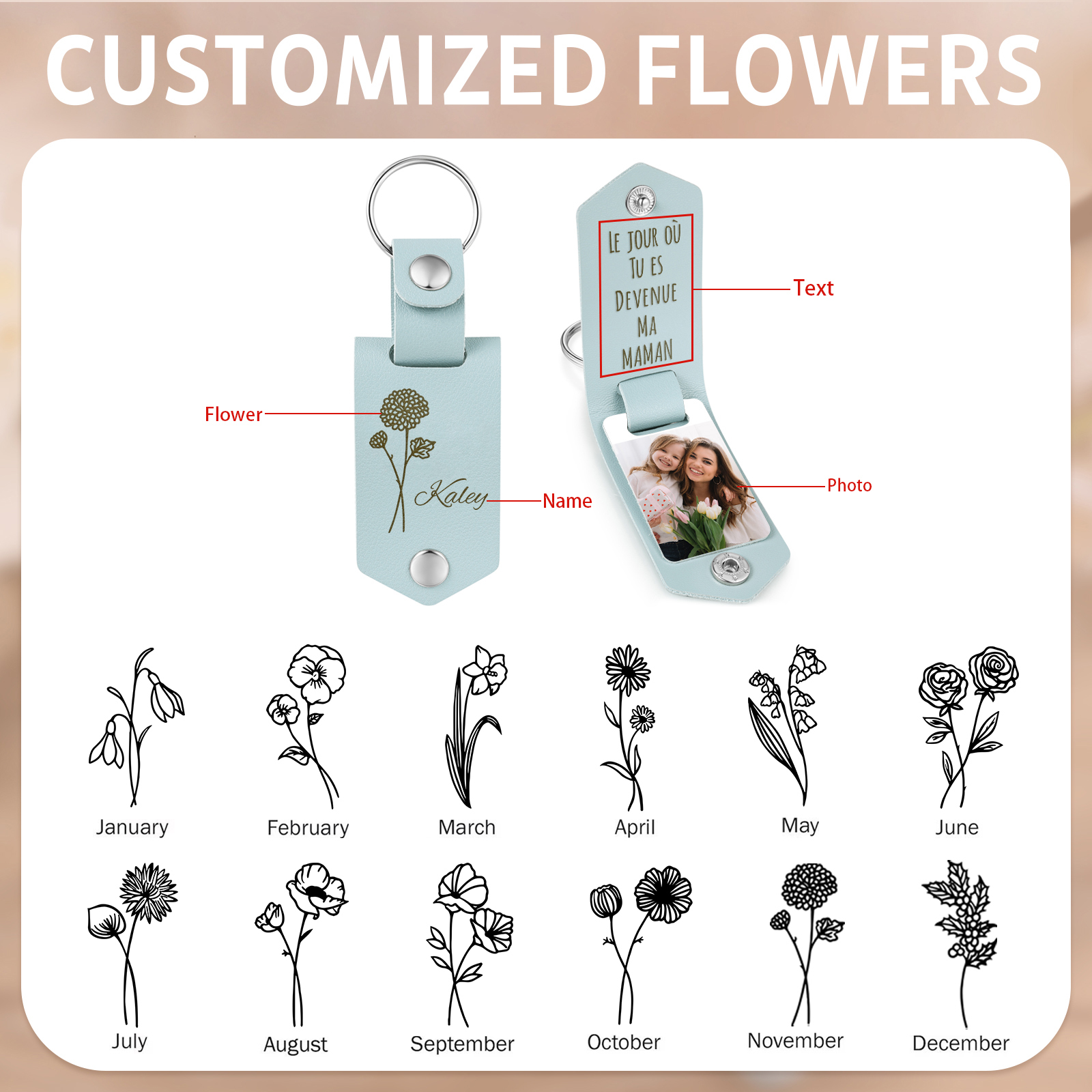 Porte-Clés commémoratif en Cuir 1 Prénom, 1 Texte et Photo Personnalisés Avec Fleur de Naissance | Jessemade