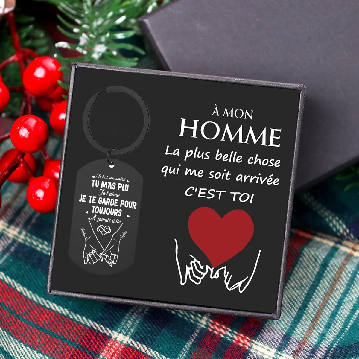 Porte-Clés Acier Inox Noir Gravé Calendrier Couple