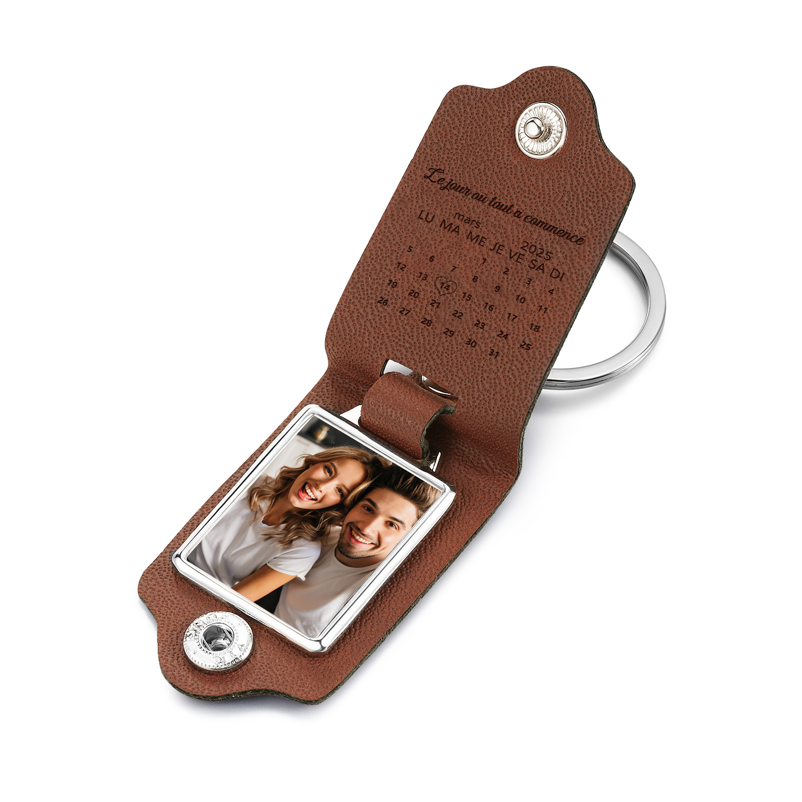 Porte-Clés en Cuir Photo Personnalisé pour Couples avec Calendrier