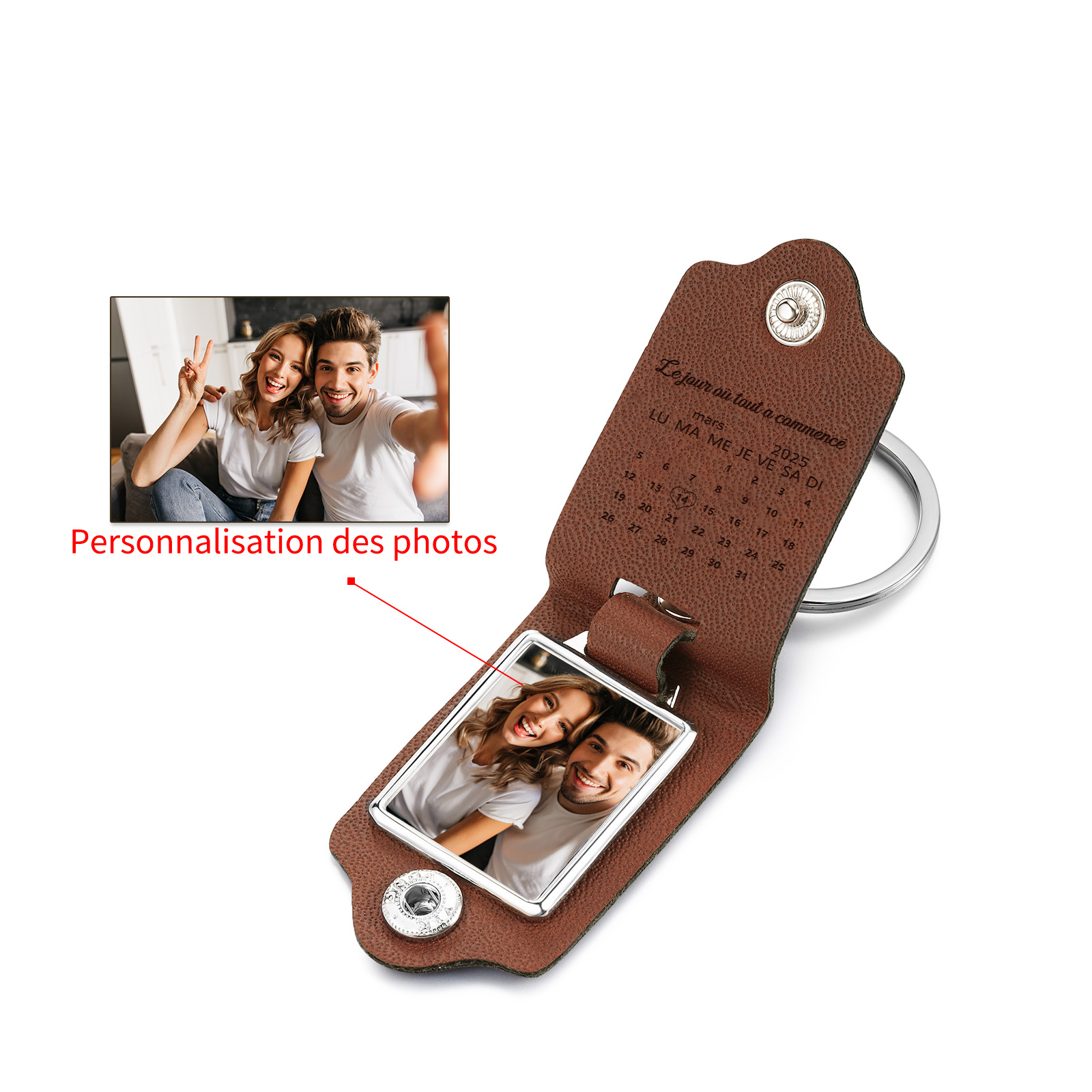 Porte-Clés en Cuir Photo Personnalisé pour Couples avec Calendrier