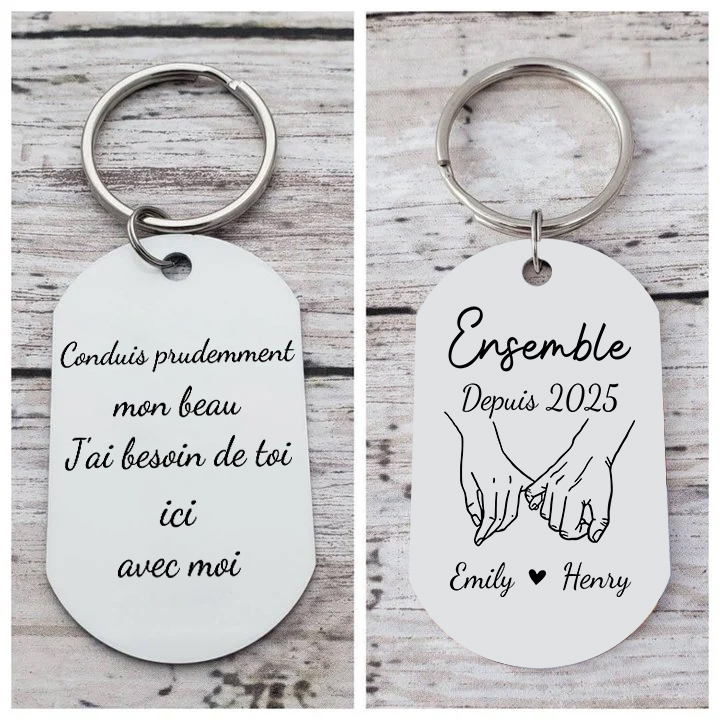 Porte-Clés pour Couple gravé « Conduis prudemment » Personnalisé