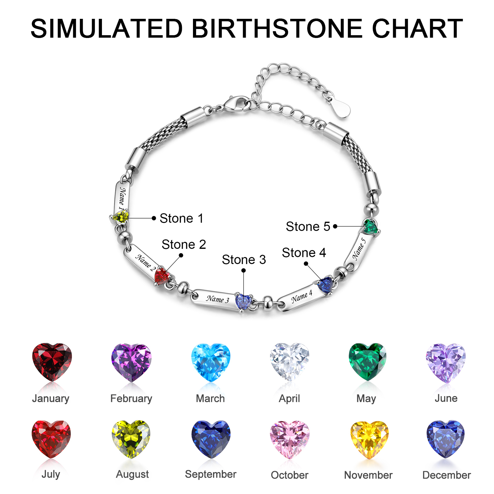 Bracelet Chaîne Tressée Personnalisé avec 1 à 5 Prénoms et Pierres de Naissance Cœur