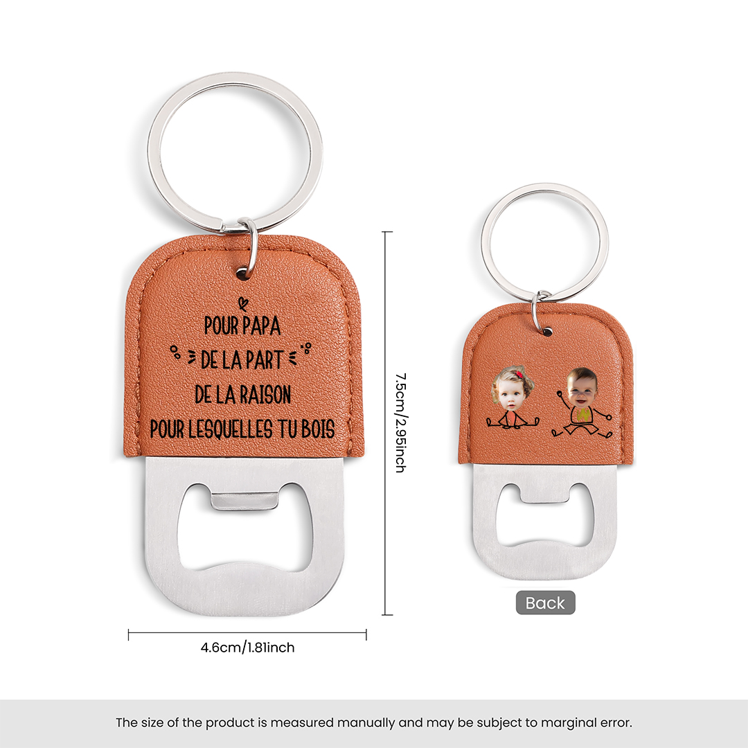 Porte-Clés Personnalisé en cuir, Décapsuleur pour Papa, personnalisé avec 1 à 6 Prénoms d’enfants et Photos