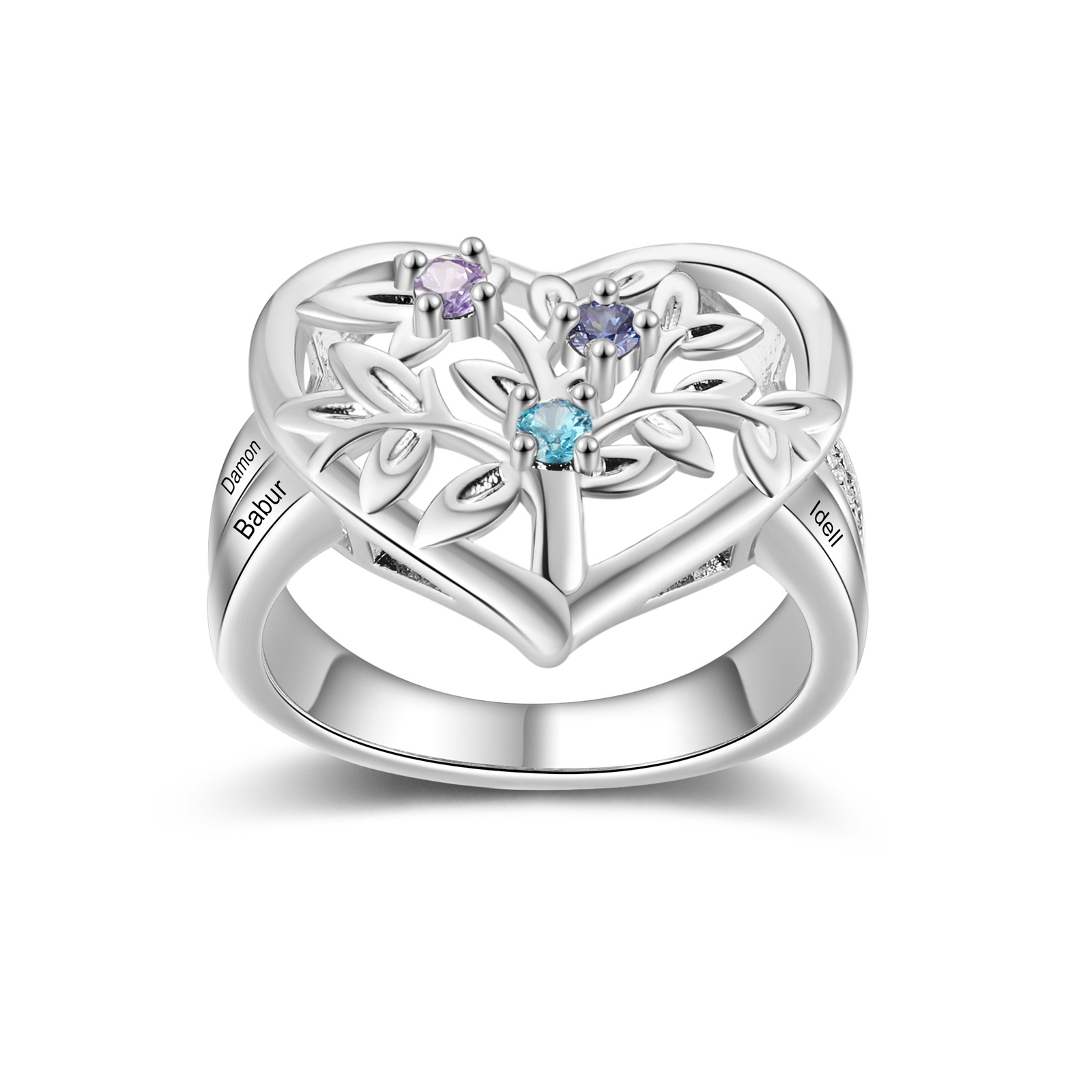 Bague Arbre de Vie Personnalisée – Anneau Cœur avec Pierres de Naissance et Gravure de Noms