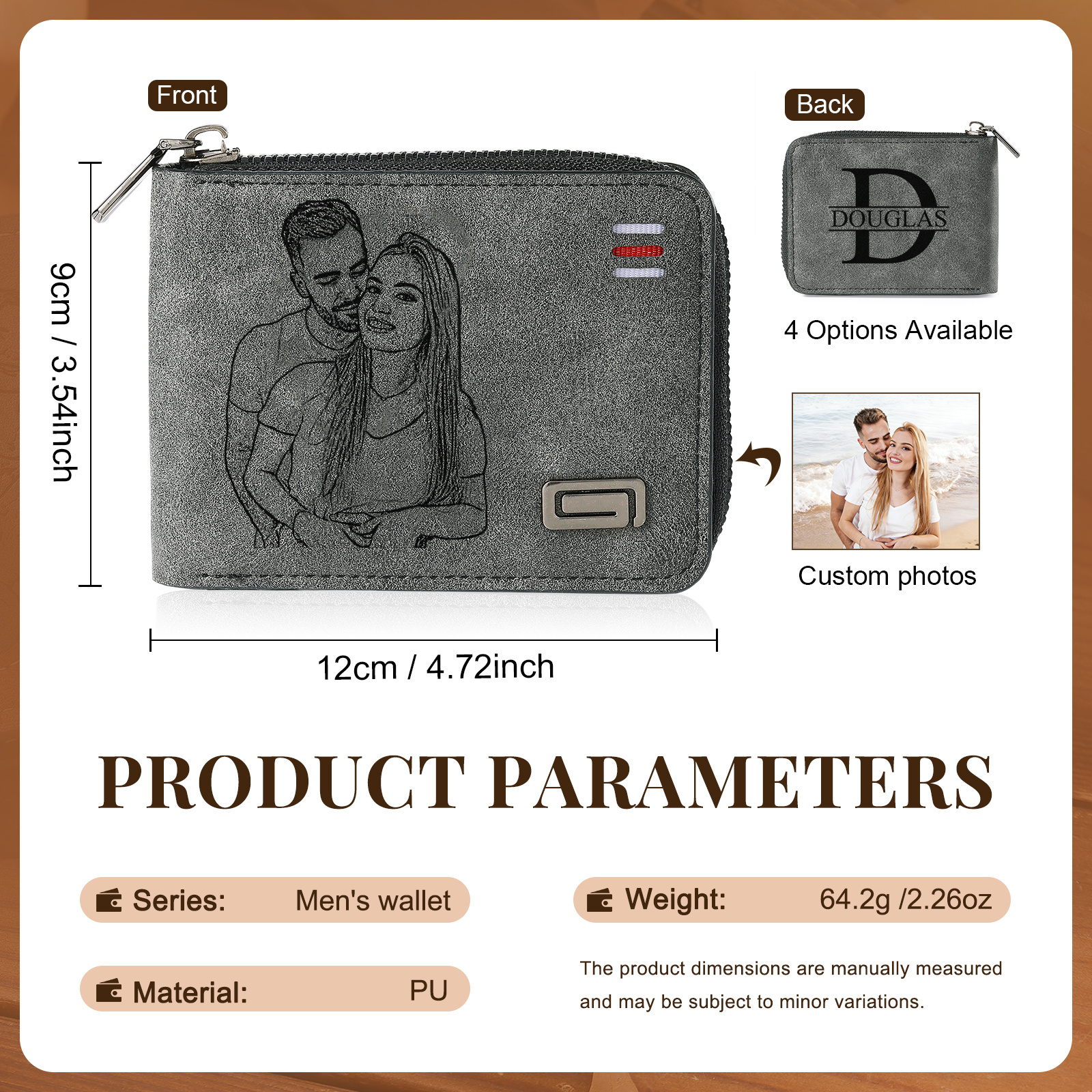 Portefeuille homme personnalisé en cuir PU avec fermeture éclair – avec photo, calendrier ou prénom