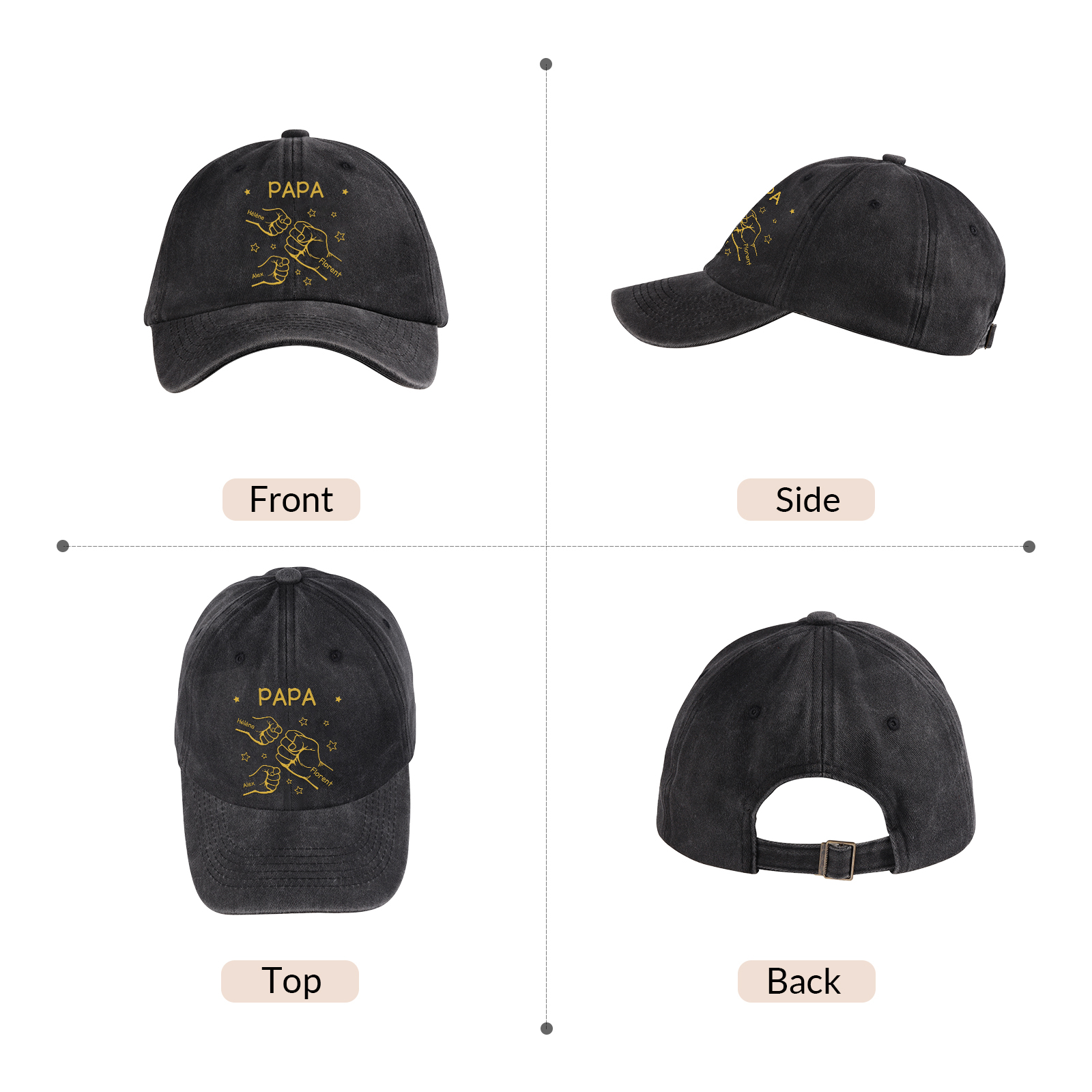 Casquette de baseball en denim délavé Personnalisée avec 1 à 10 Prénoms et Poings
