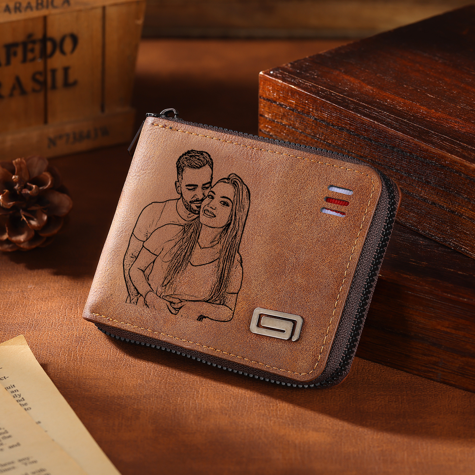 Portefeuille homme personnalisé en cuir PU avec fermeture éclair – avec photo, calendrier ou prénom