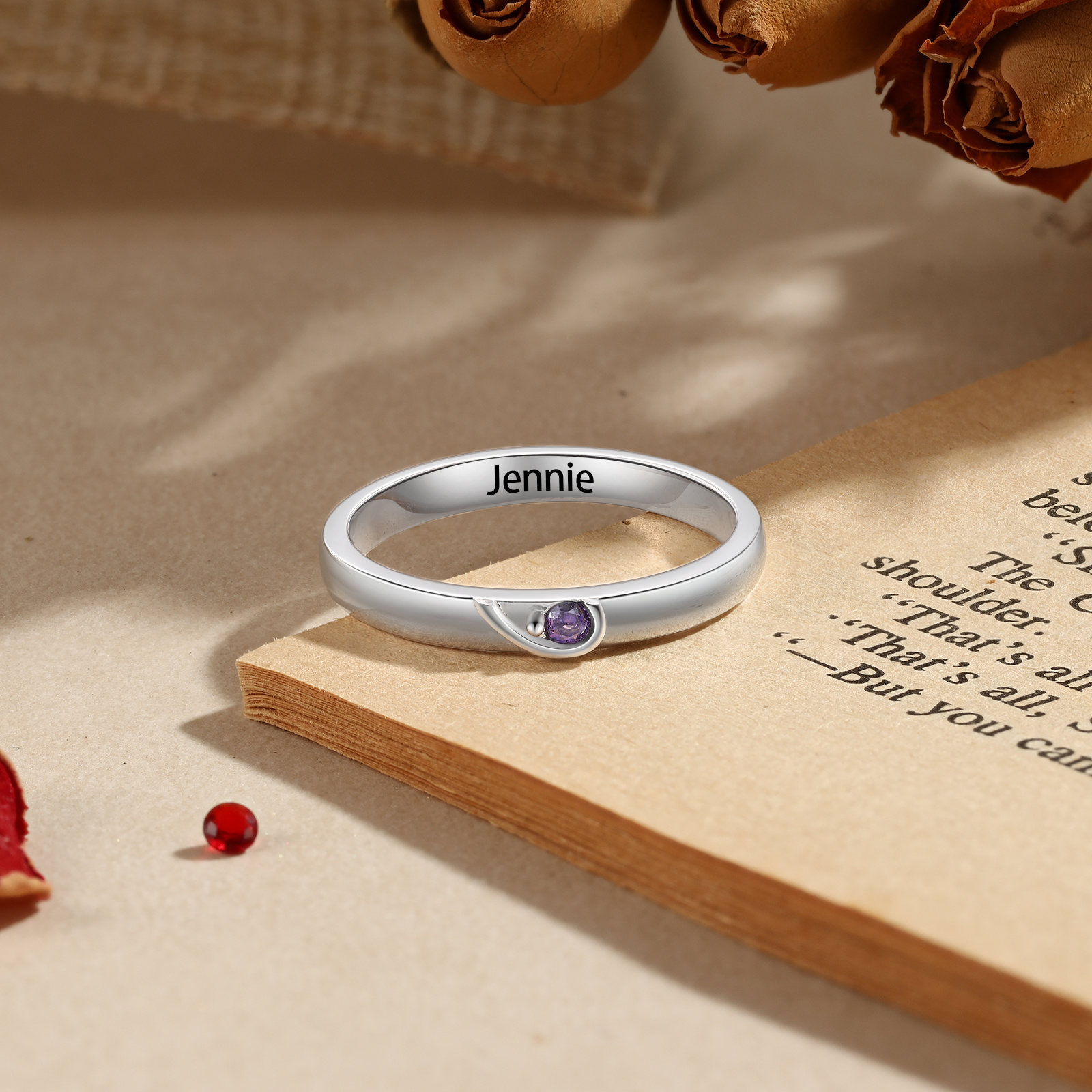 Bague partenaire en forme de cœur avec 2 pierres de naissance, gravée avec 2 prénoms