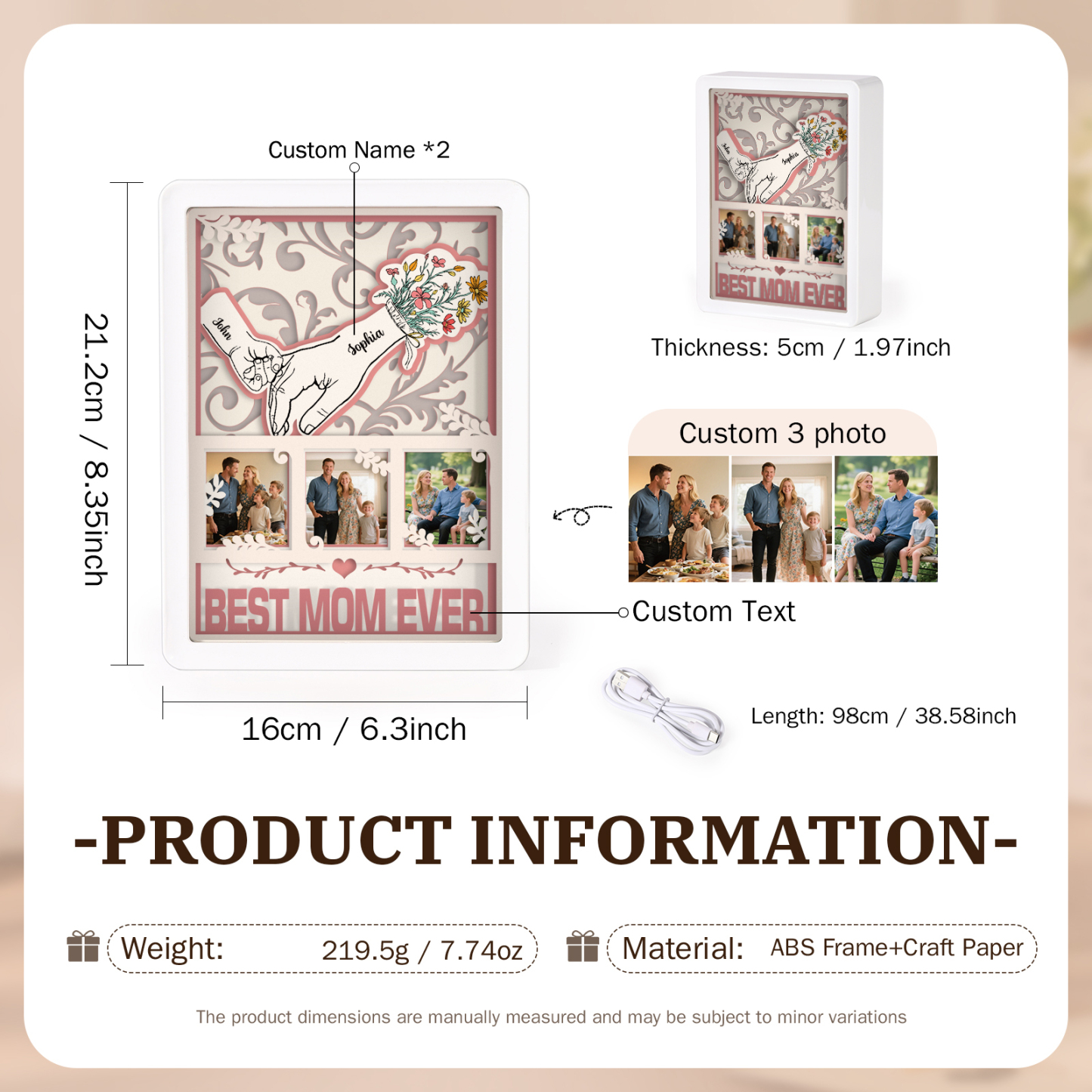 Cadre lumineux 3D en papier découpé « Main dans la main » – personnalisé avec prénoms, photos et texte