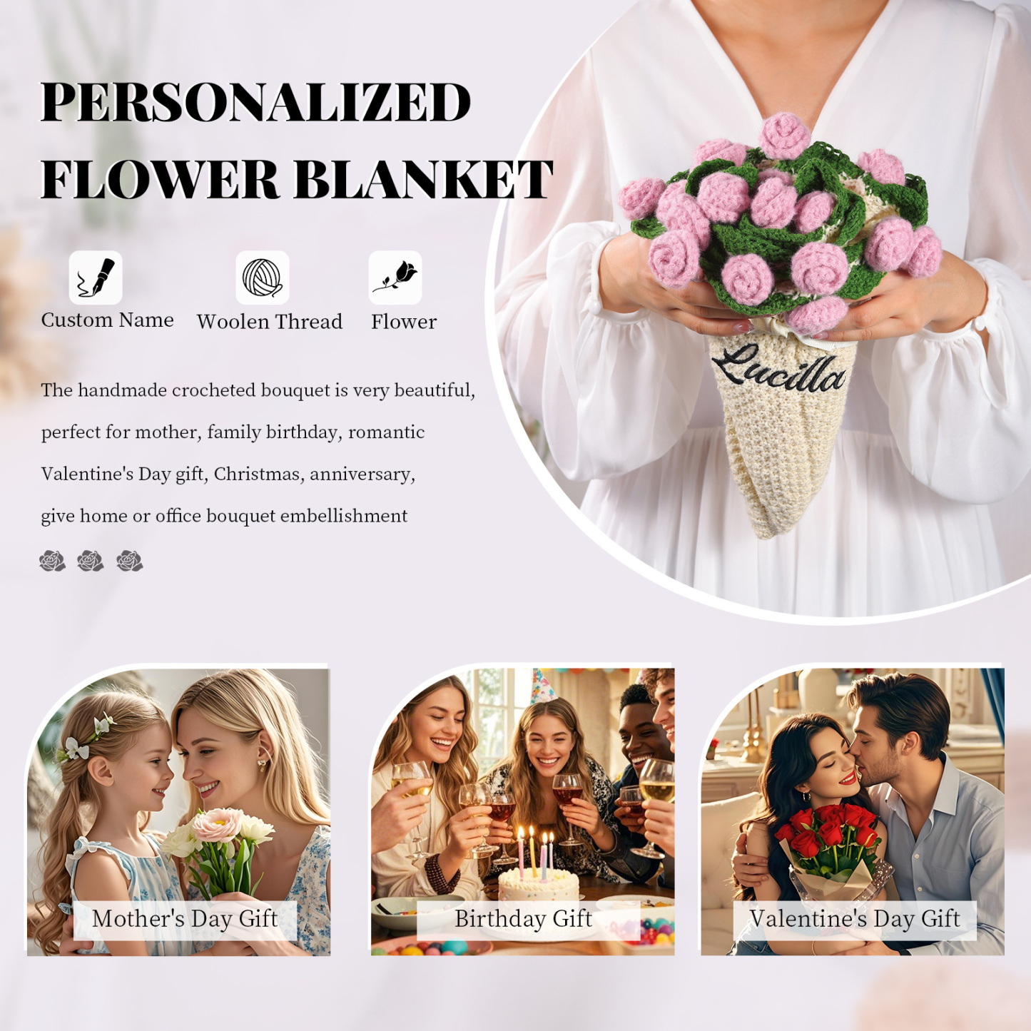 Couverture en crochet à fleurs personnalisée pour elle