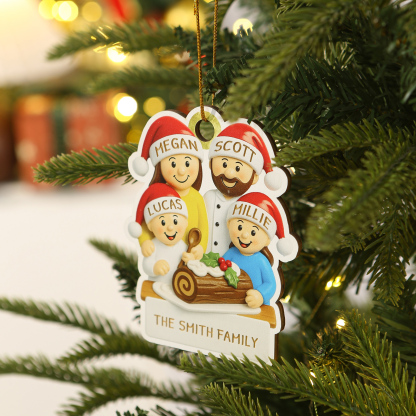 Décoration Sapin Noël Personnalisé en Bois - Famille partageant la bûche de Noël