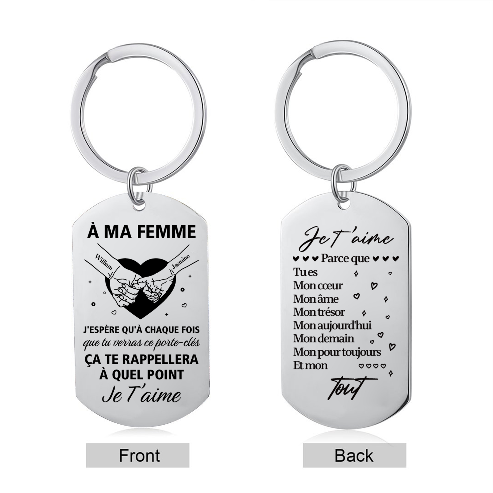 Porte-Clés la main dans la main Personnalisé avec Prénoms pour femme épouse