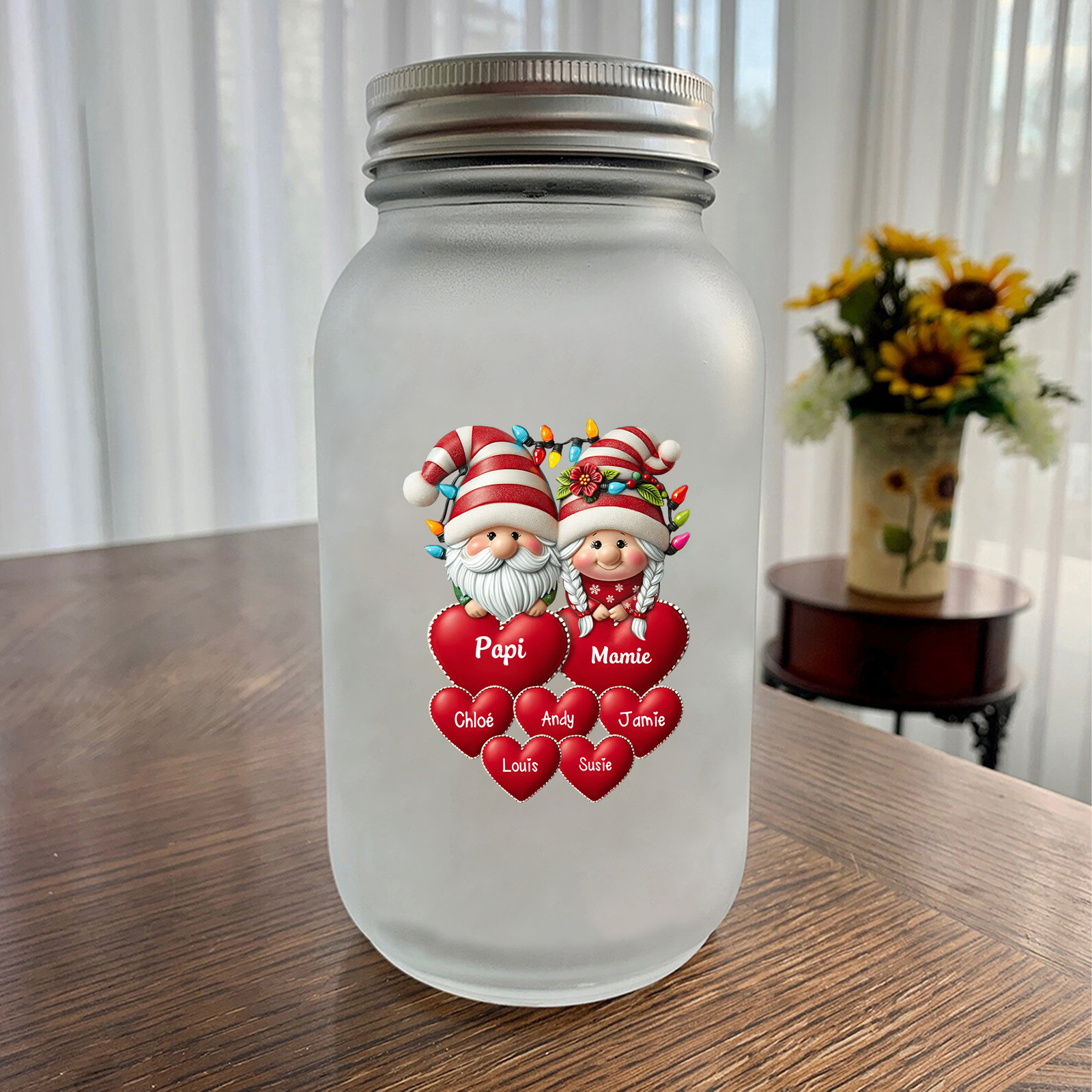 Bouteille Lumineuse Personnalisée, Bocal solaire Mason Jar de Noël pour Famille