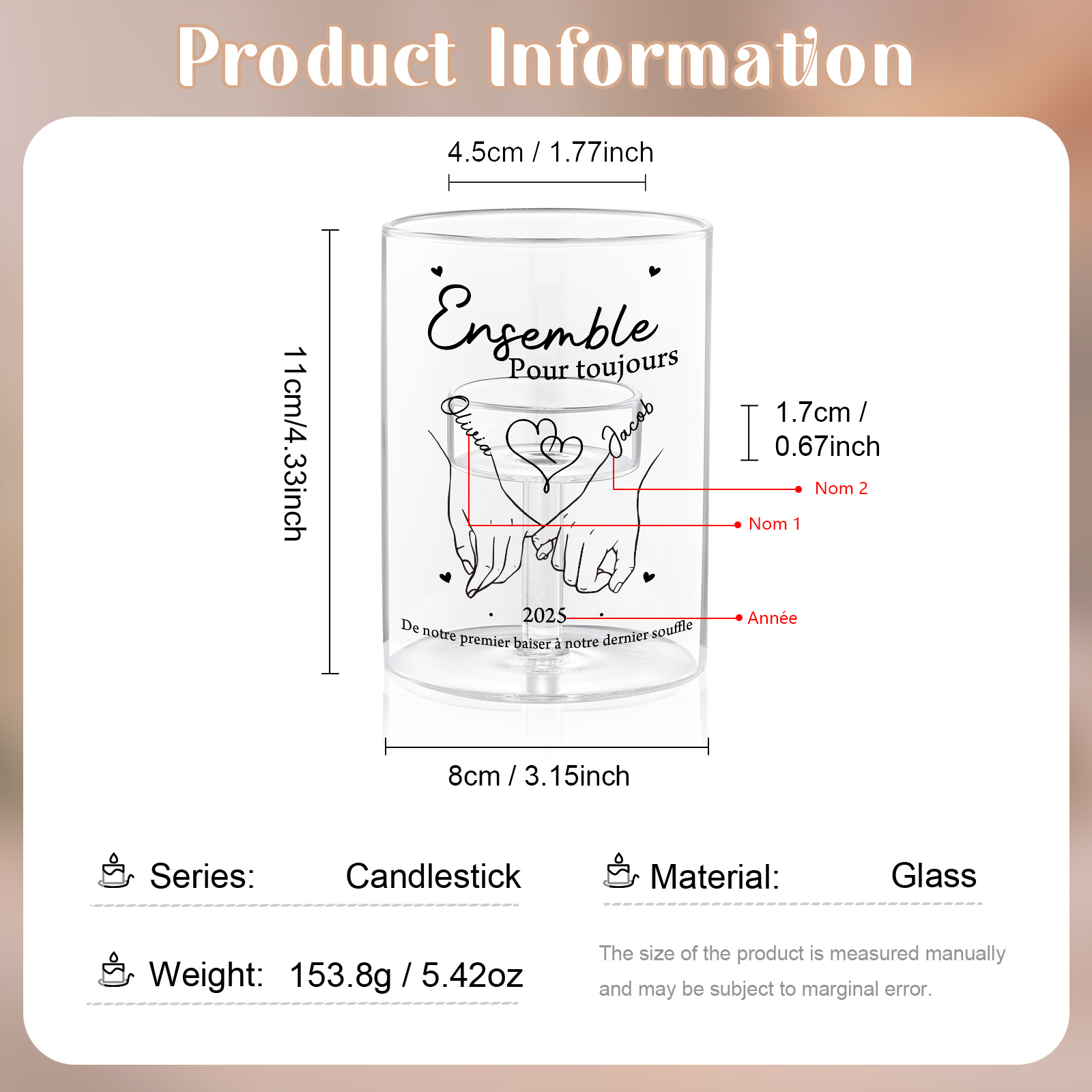 Bougeoir en verre personnalisé – Photophore Couple main dans la main