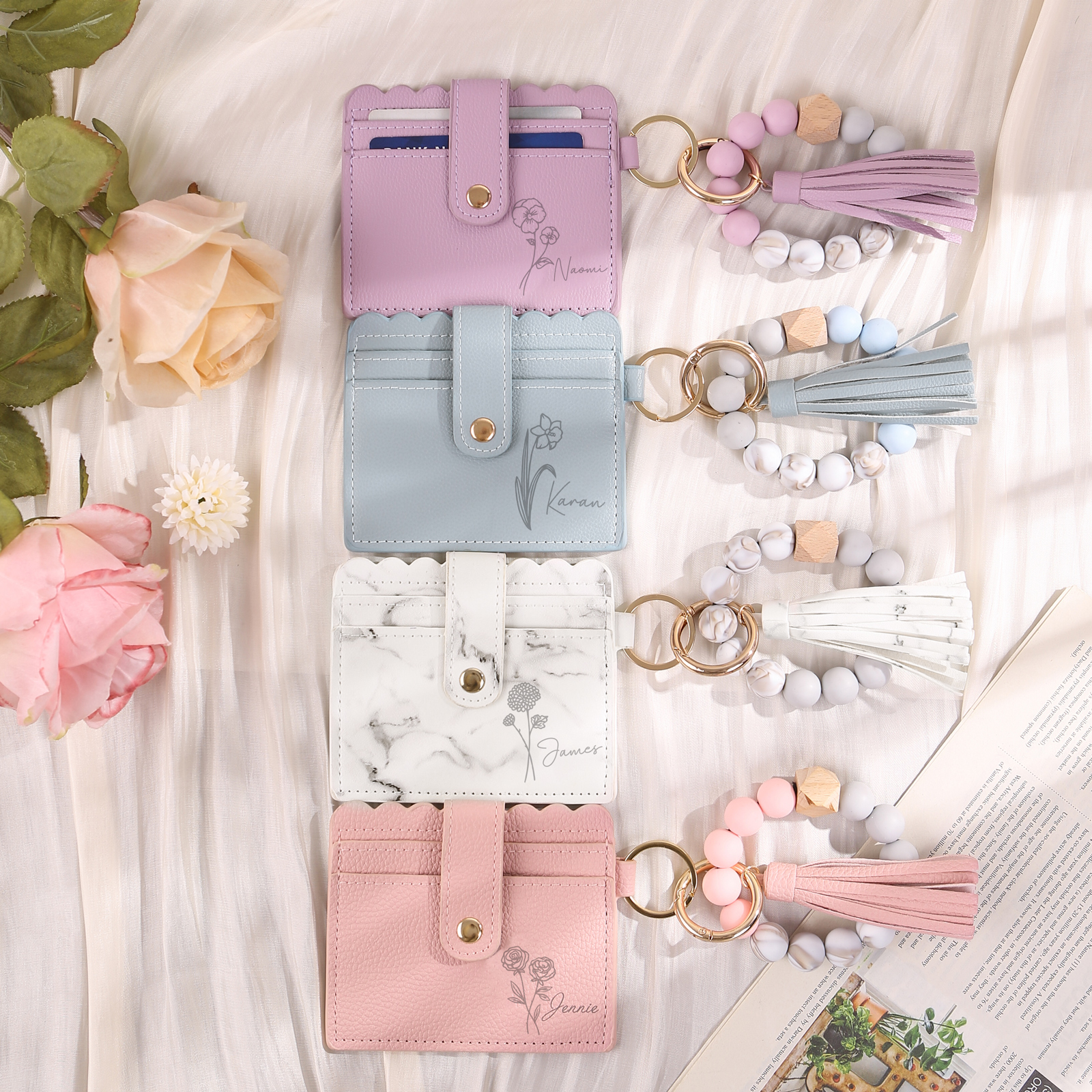 Porte-cartes Personnalisé à Fleur de Naissance avec Bracelet perlé détachable