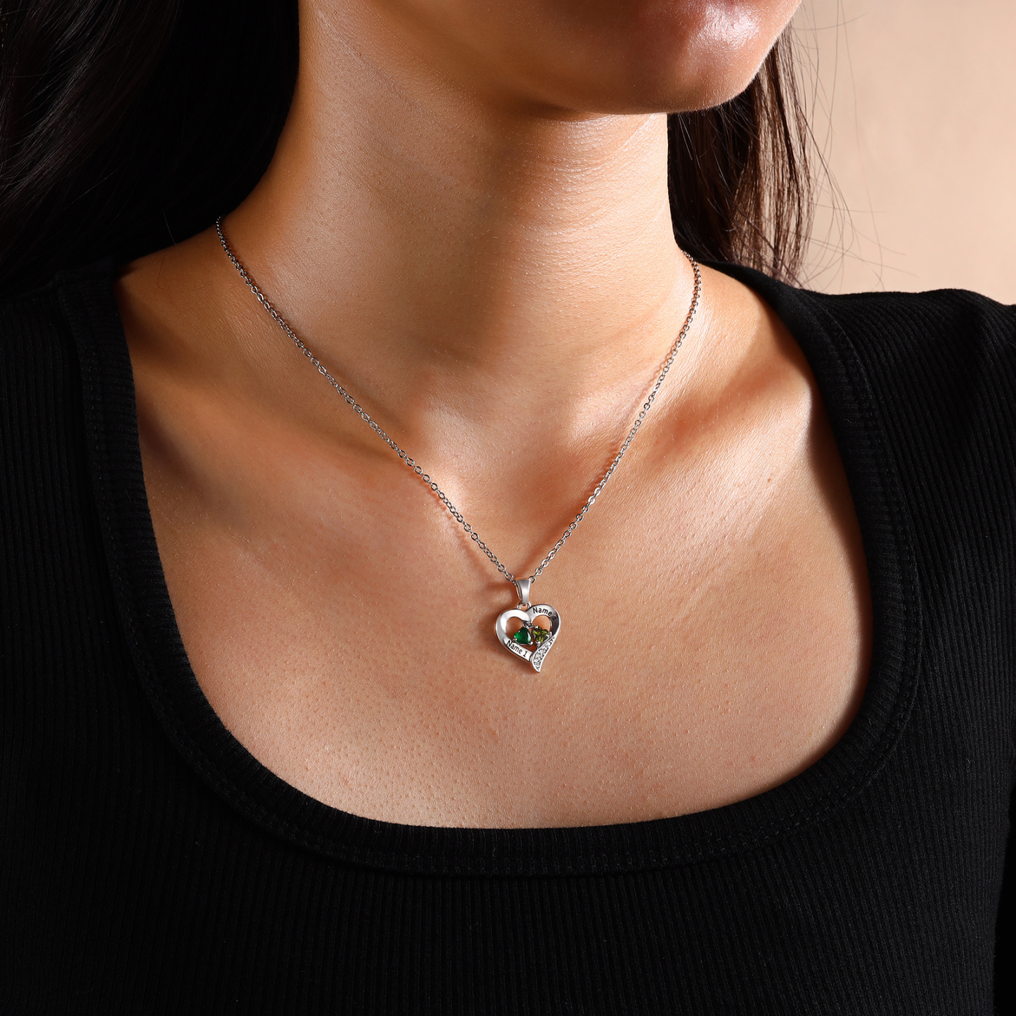 Collier Argent 925 2 Prénoms Personnalisés avec 2 pierres de naissance Cadeau pour femme | Jessemade