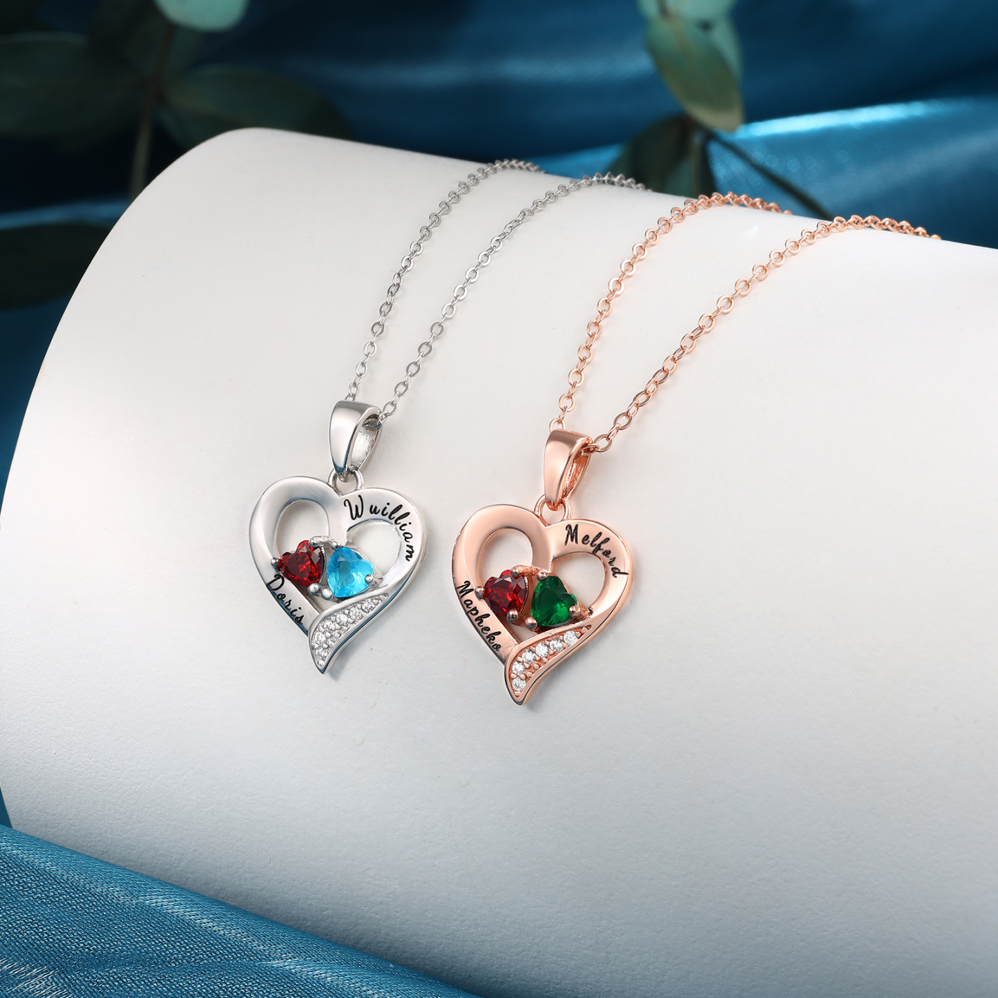 Collier Argent 925 2 Prénoms Personnalisés avec 2 pierres de naissance Cadeau pour femme | Jessemade