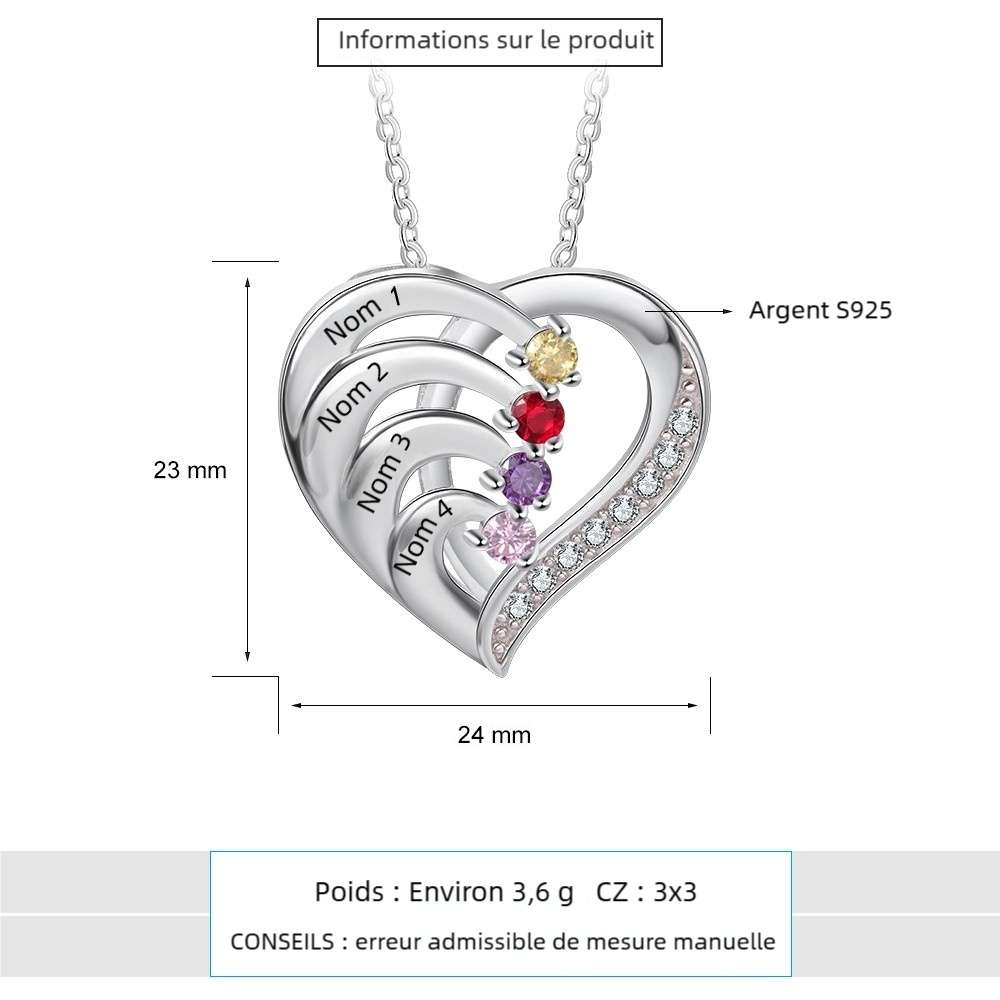 Collier Cœur Argent 925 2-4 Prénoms Personnalisés avec Pierre de naissance pierre de naissance | Jessemade