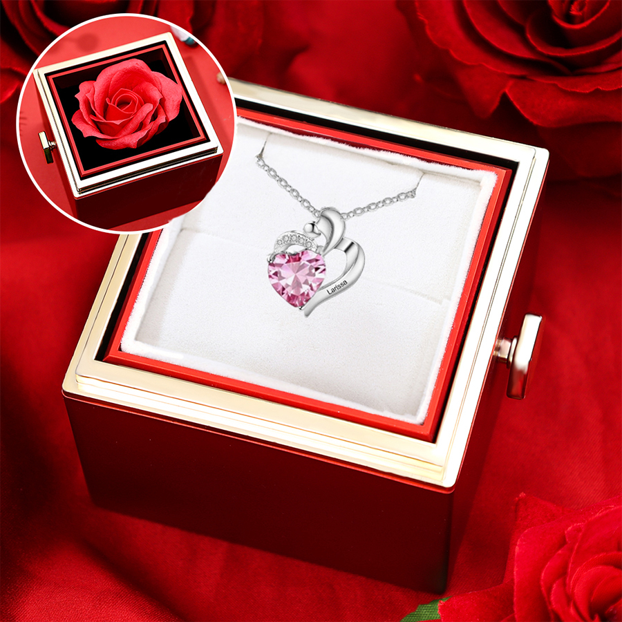 Collier coeur 1 Prénom Personnalisé avec pierre de naissance rouge Col