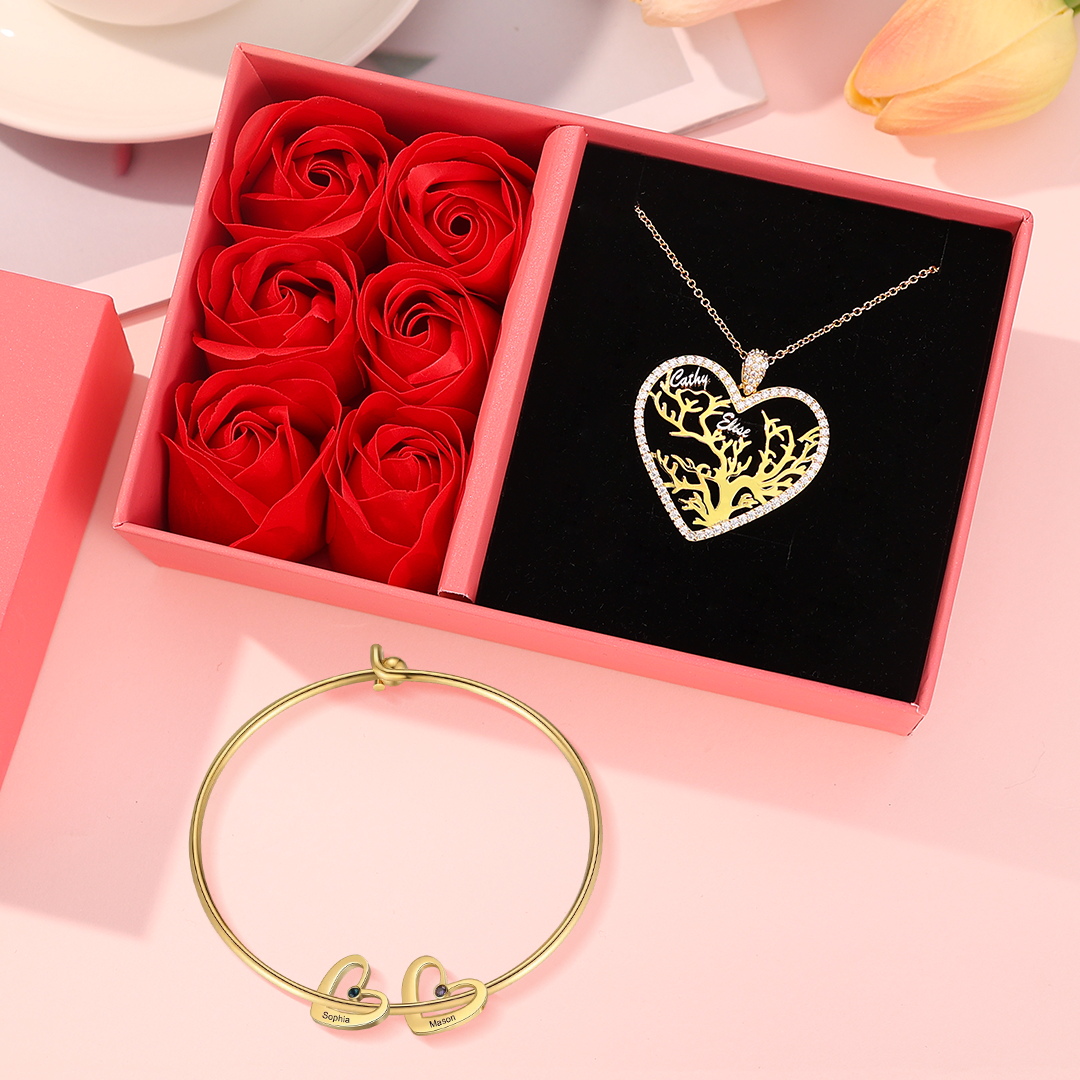 Coffret Cadeau Maman – Collier et Bracelet Personnalisés avec Noms et Pierres de Naissance | Jessemade