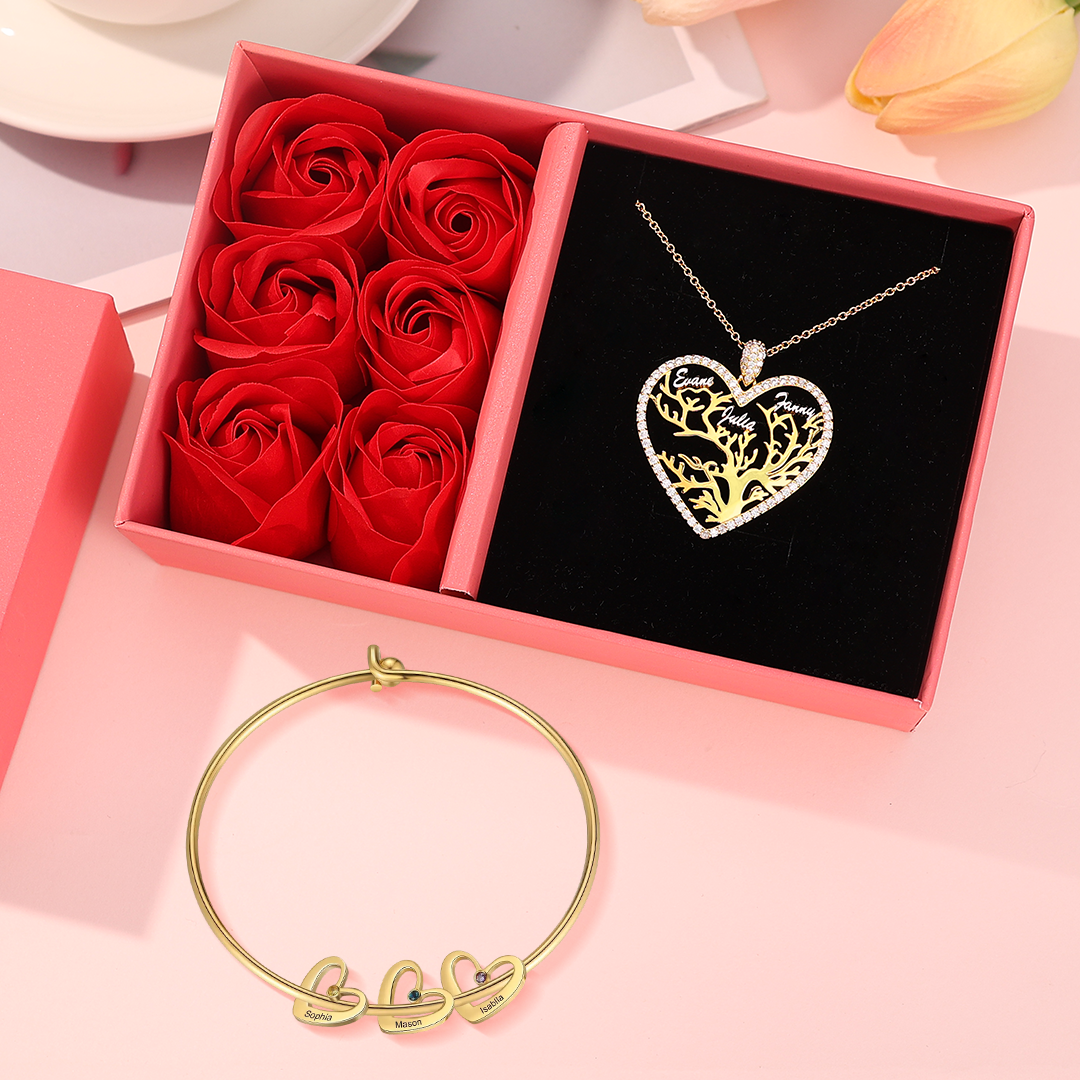 Coffret Cadeau Maman – Collier Arbre de Vie et Bracelet Personnalisés avec Noms et Pierres de Naissance | Jessemade