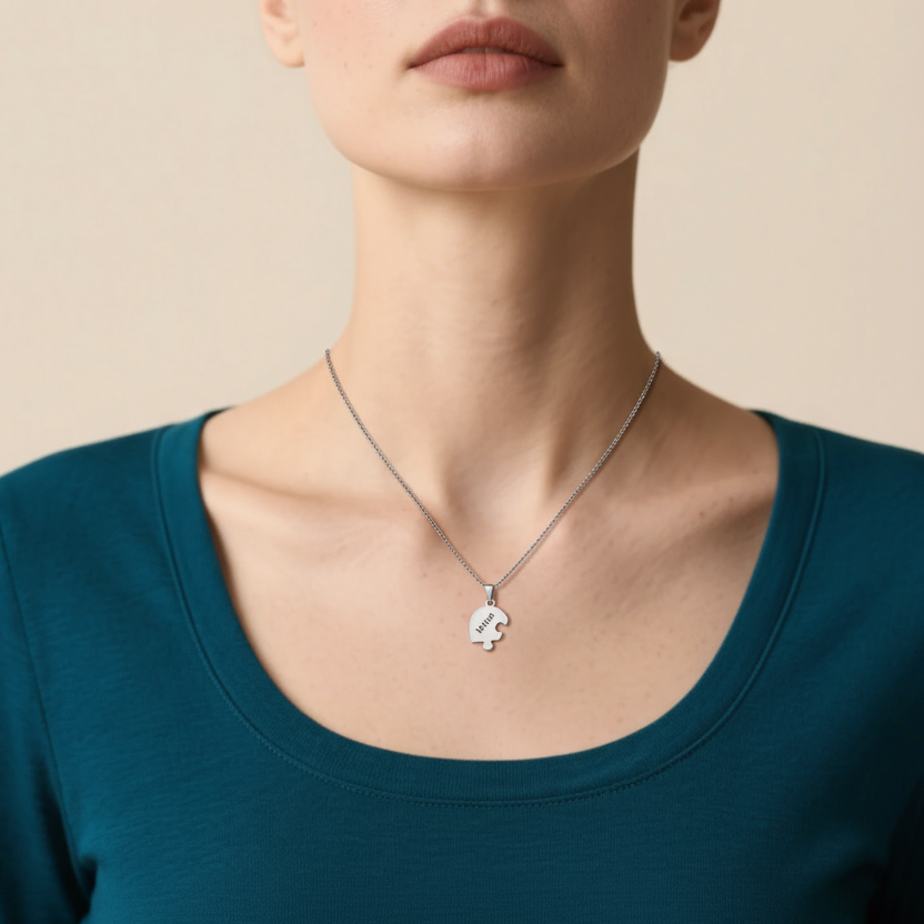 Collier Coeur Pièces de Puzzle graver 2-8 Prénoms Personnalisé
