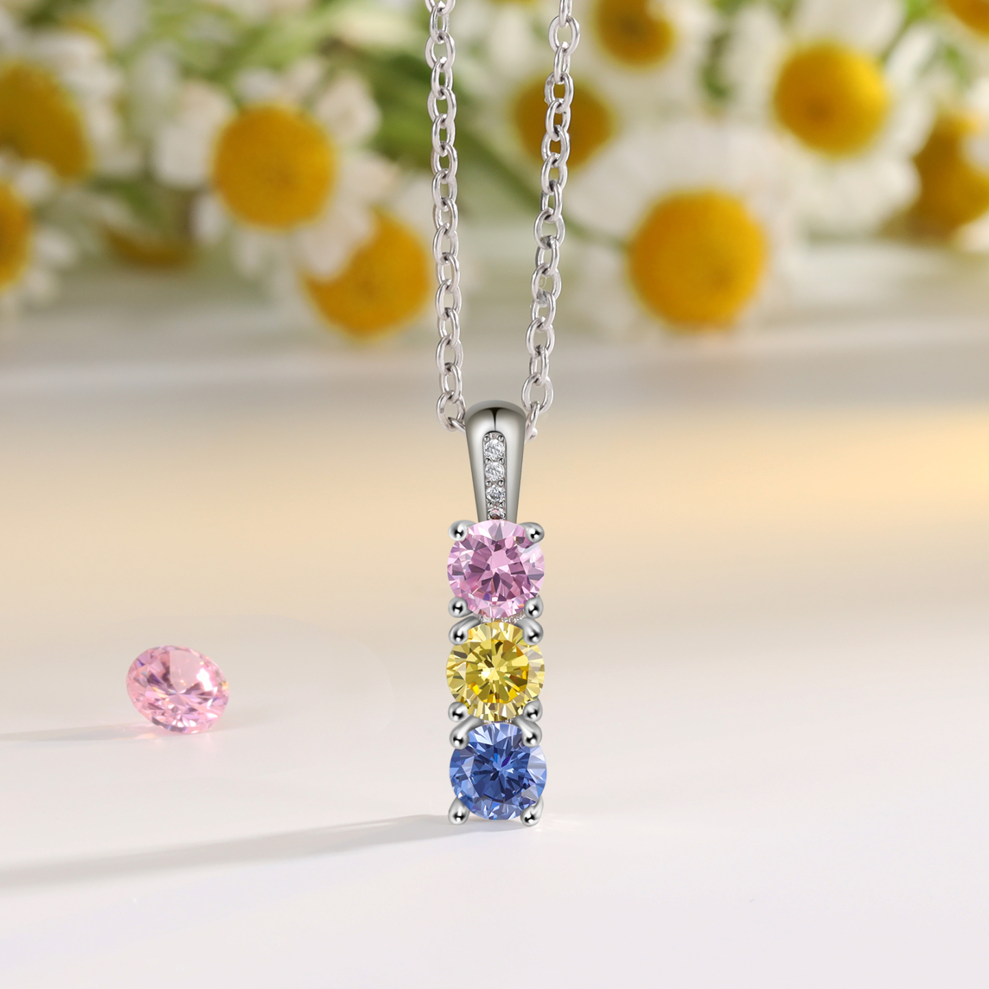 Collier avec 3 Pierres de Naissance Personnalisées – Zircon Cubique sur Chaîne en Argent 925 ou Plaqué Rhodium Collier pour Femme｜Jessemade