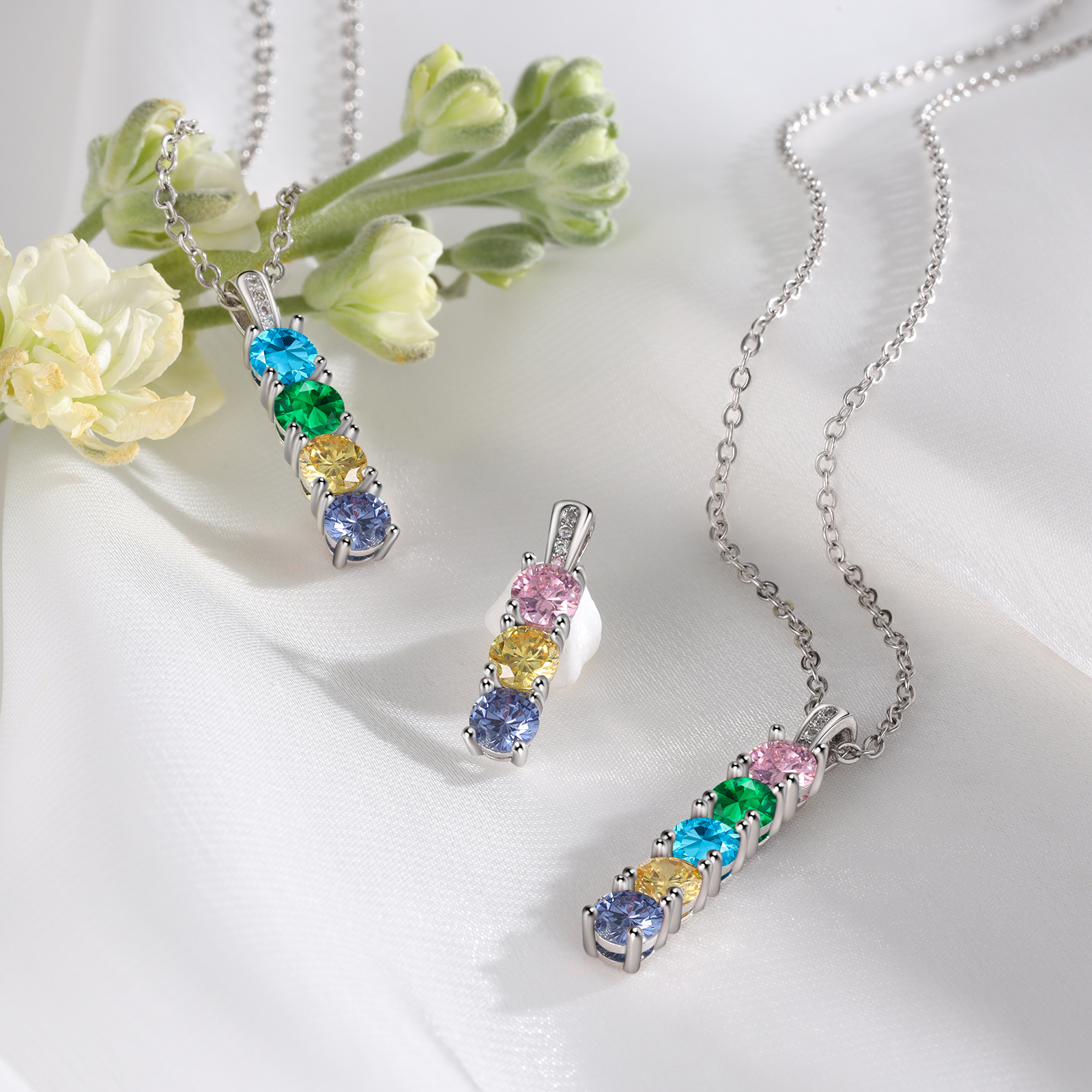 Collier avec 4 Pierres de Naissance Personnalisées – Zircon Cubique sur Chaîne en Argent 925 ou Plaqué Rhodium Collier pour Femme|Jessemade
