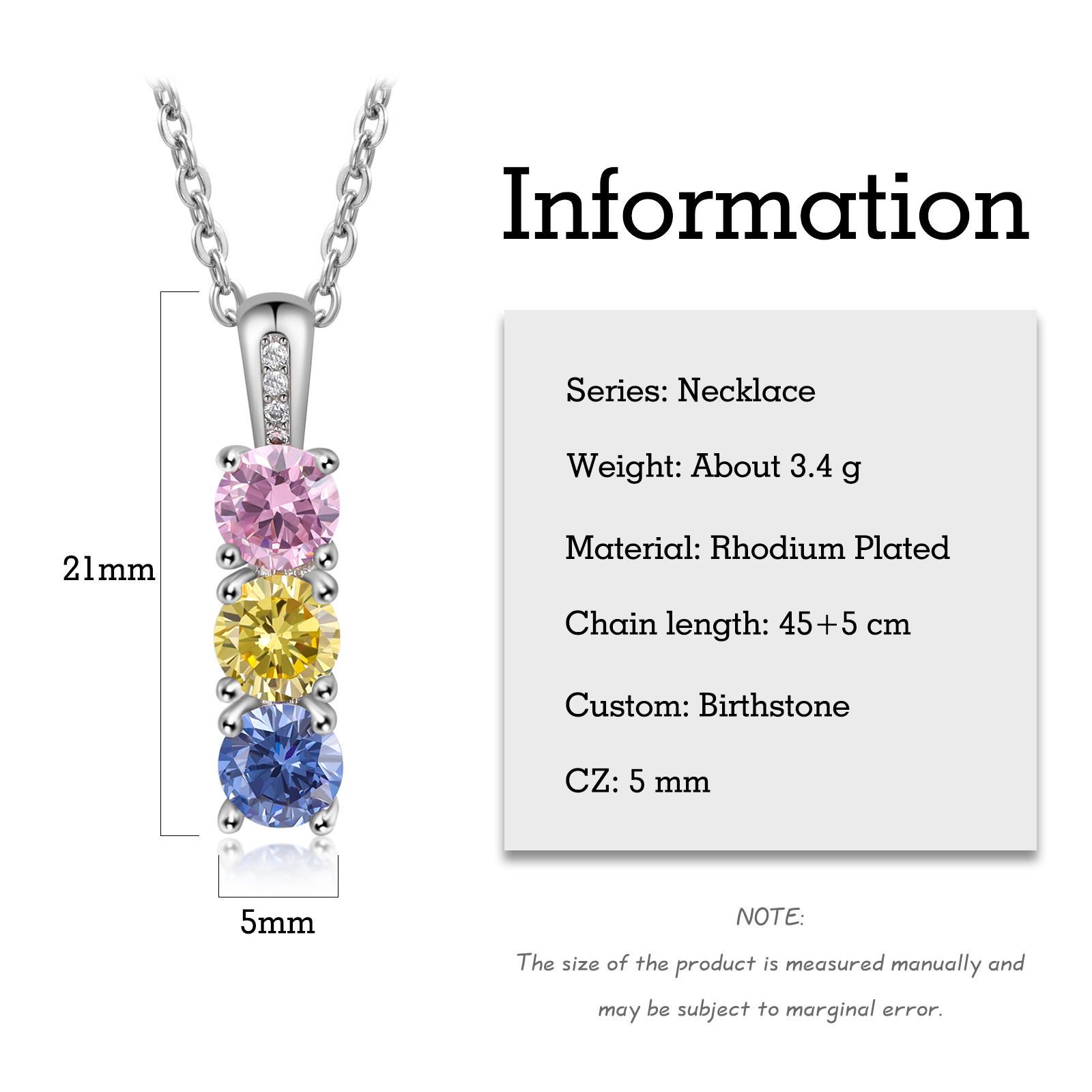 Collier avec 3 Pierres de Naissance Personnalisées – Zircon Cubique sur Chaîne en Argent 925 ou Plaqué Rhodium Collier pour Femme｜Jessemade